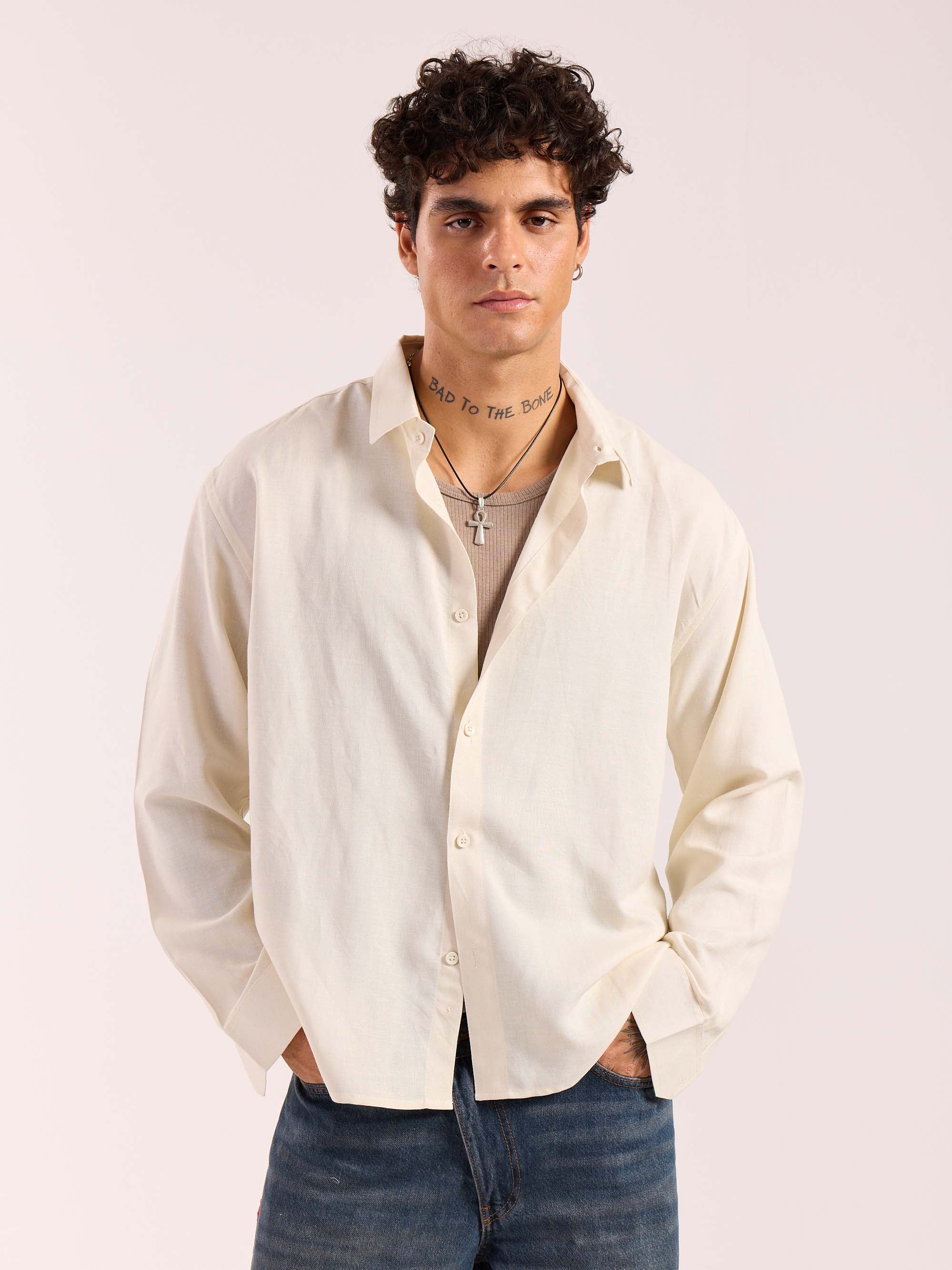 Almond White Linen Cropped Shirt - Image 2