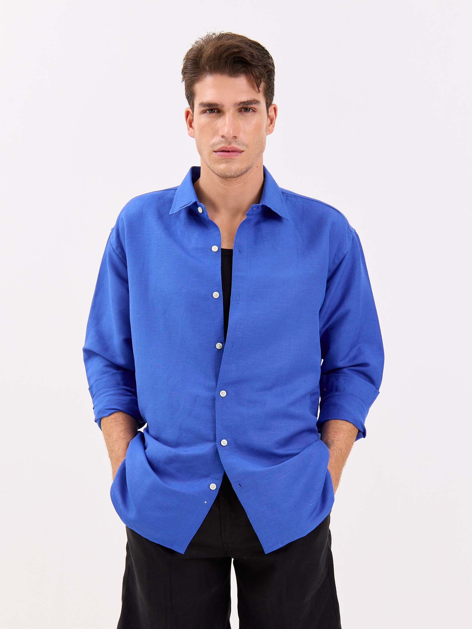 Azure Blue Linen-blend Shirt - Image 2
