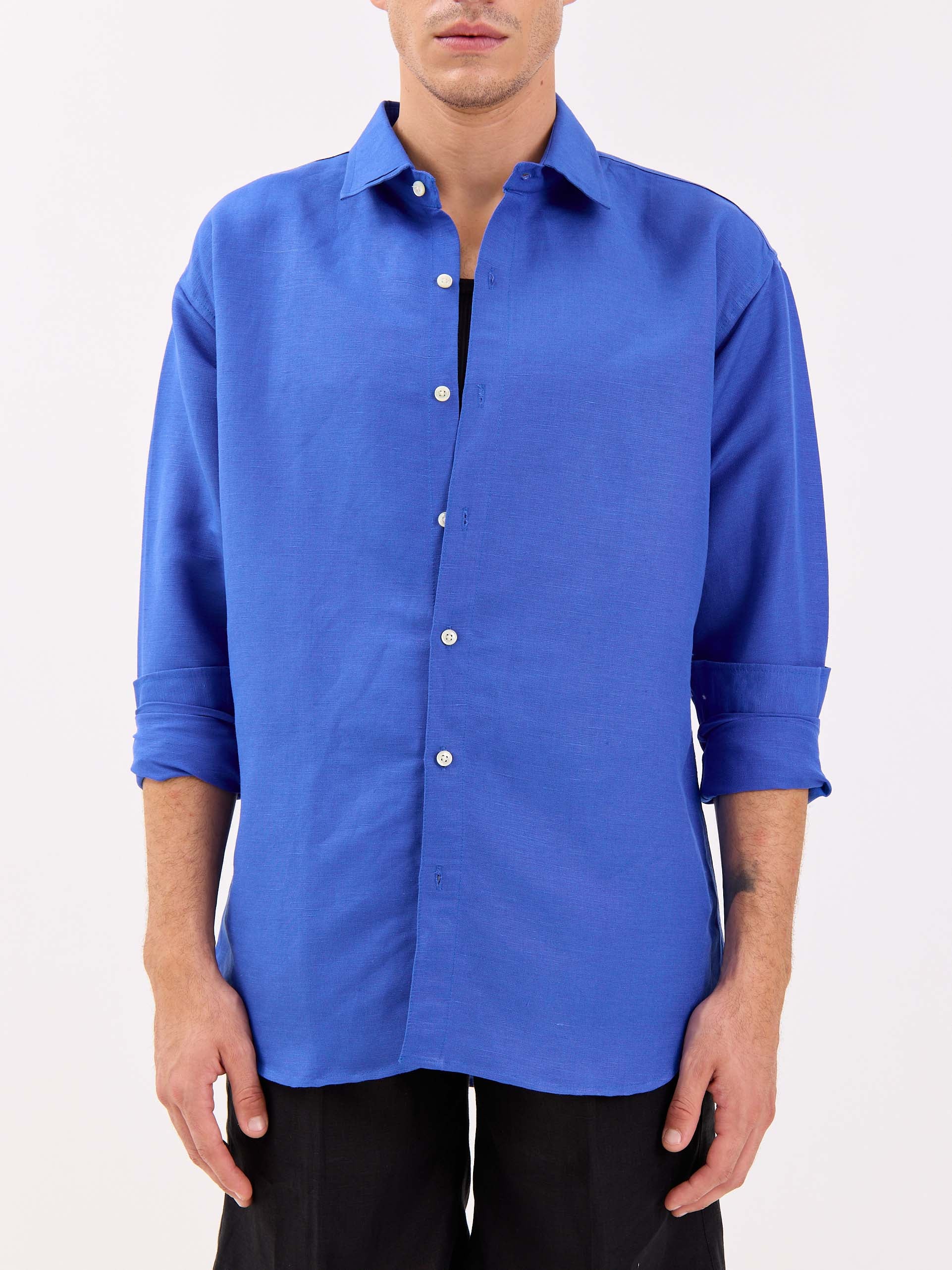 Azure Blue Linen-blend Shirt - Image 3