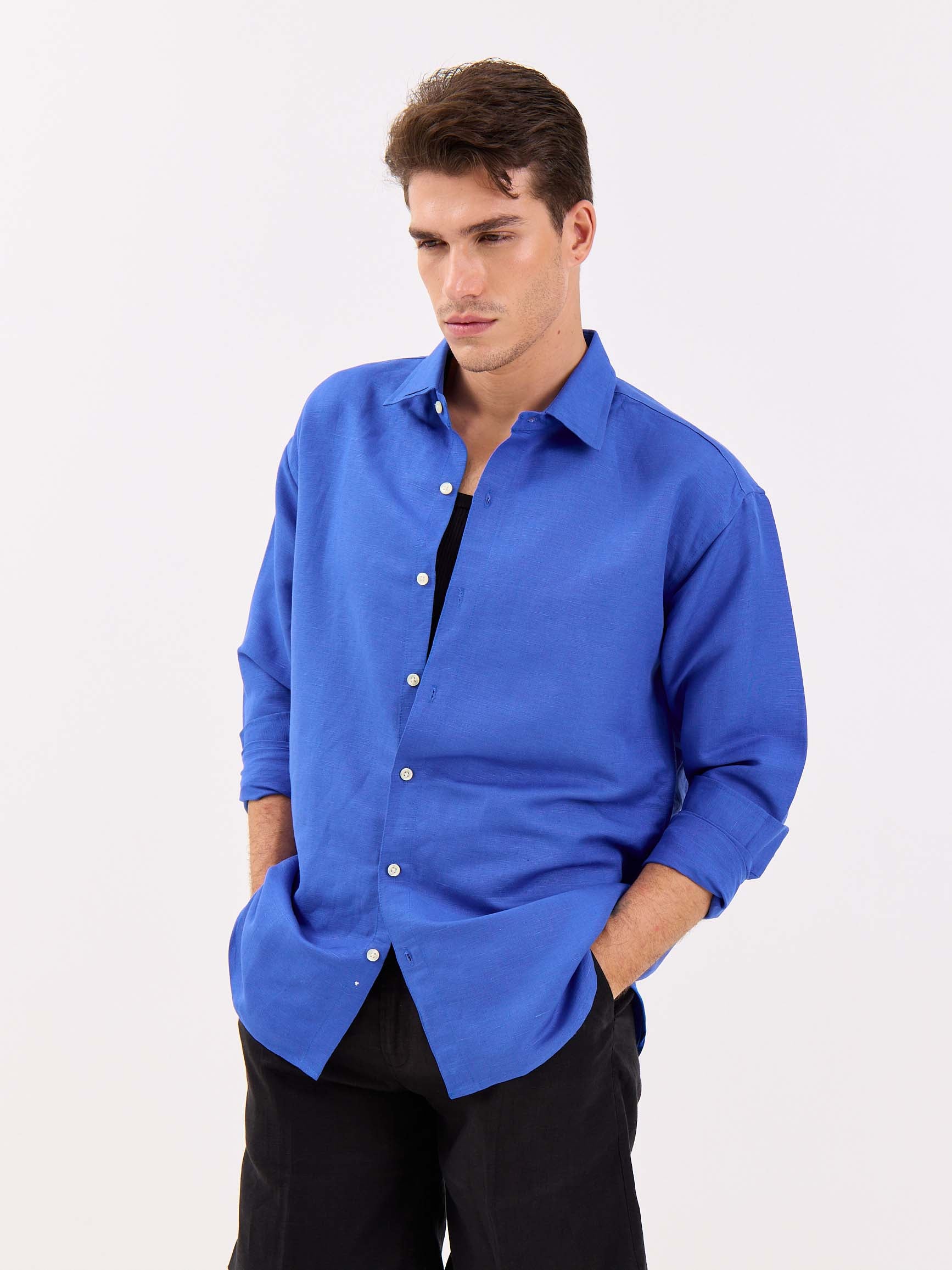 Azure Blue Linen-blend Shirt - Image 6