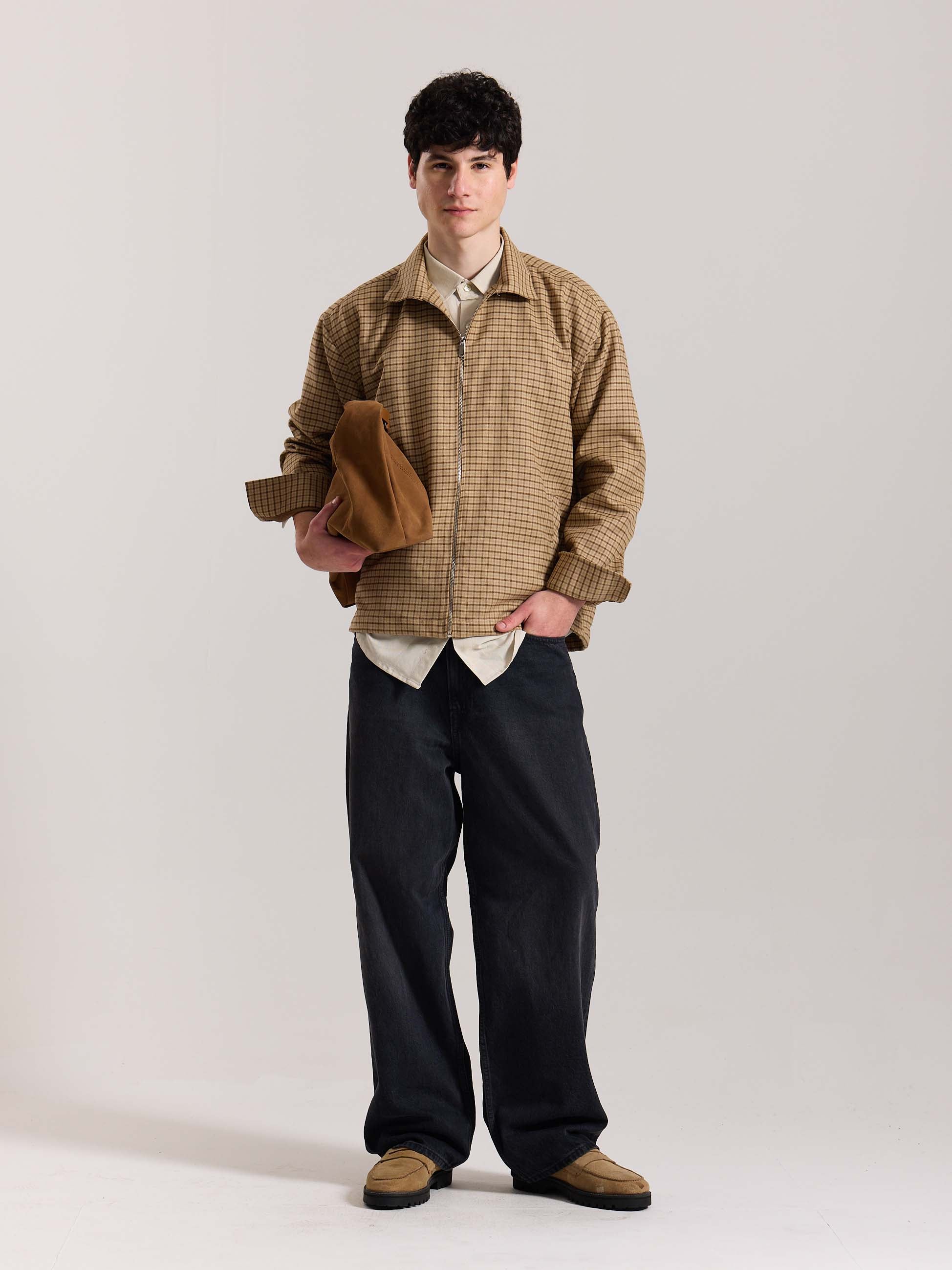 Beige Checkered Tweed Zipper Shacket
