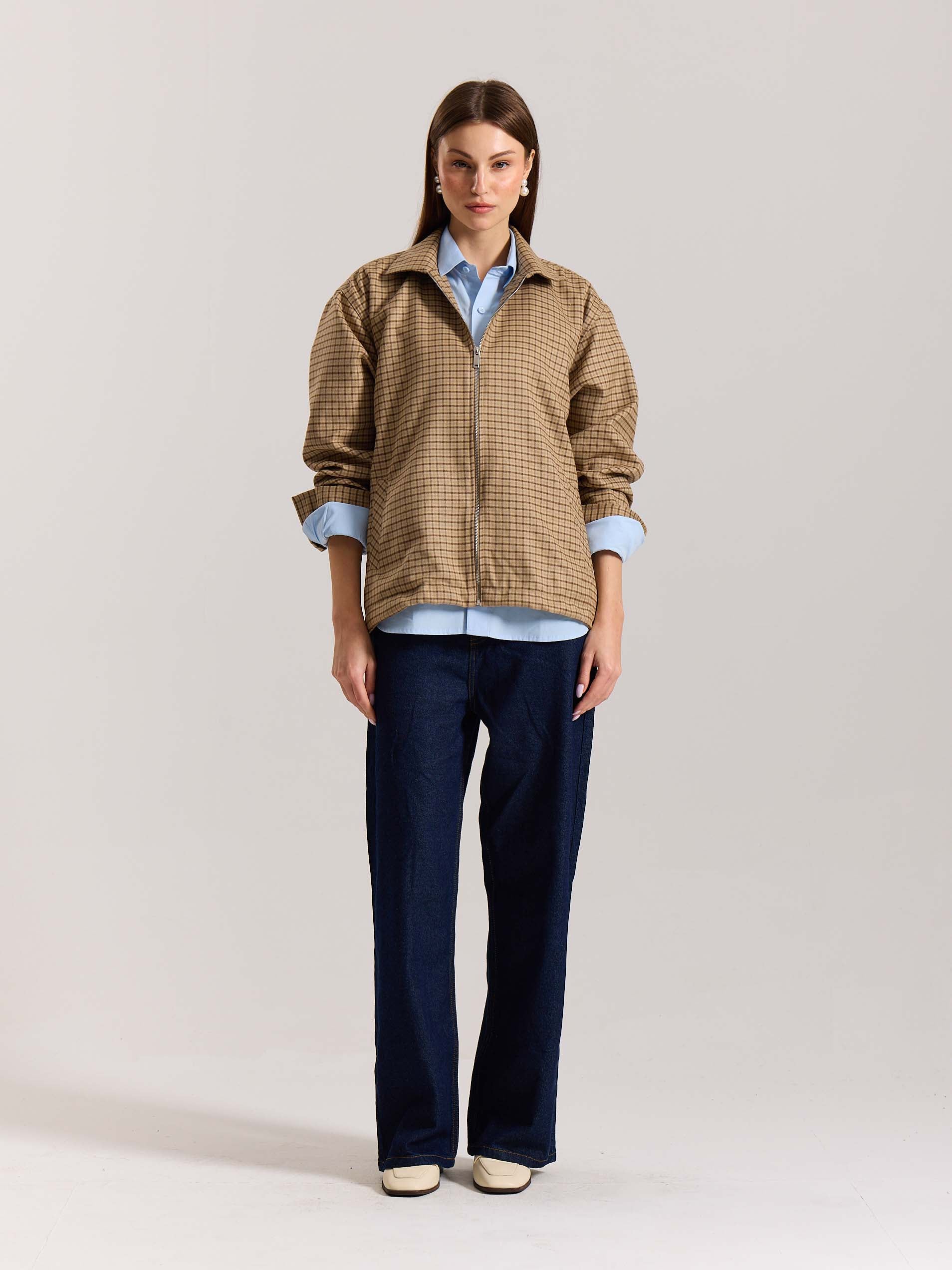 Beige Checkered Tweed Zipper Shacket - Image 2