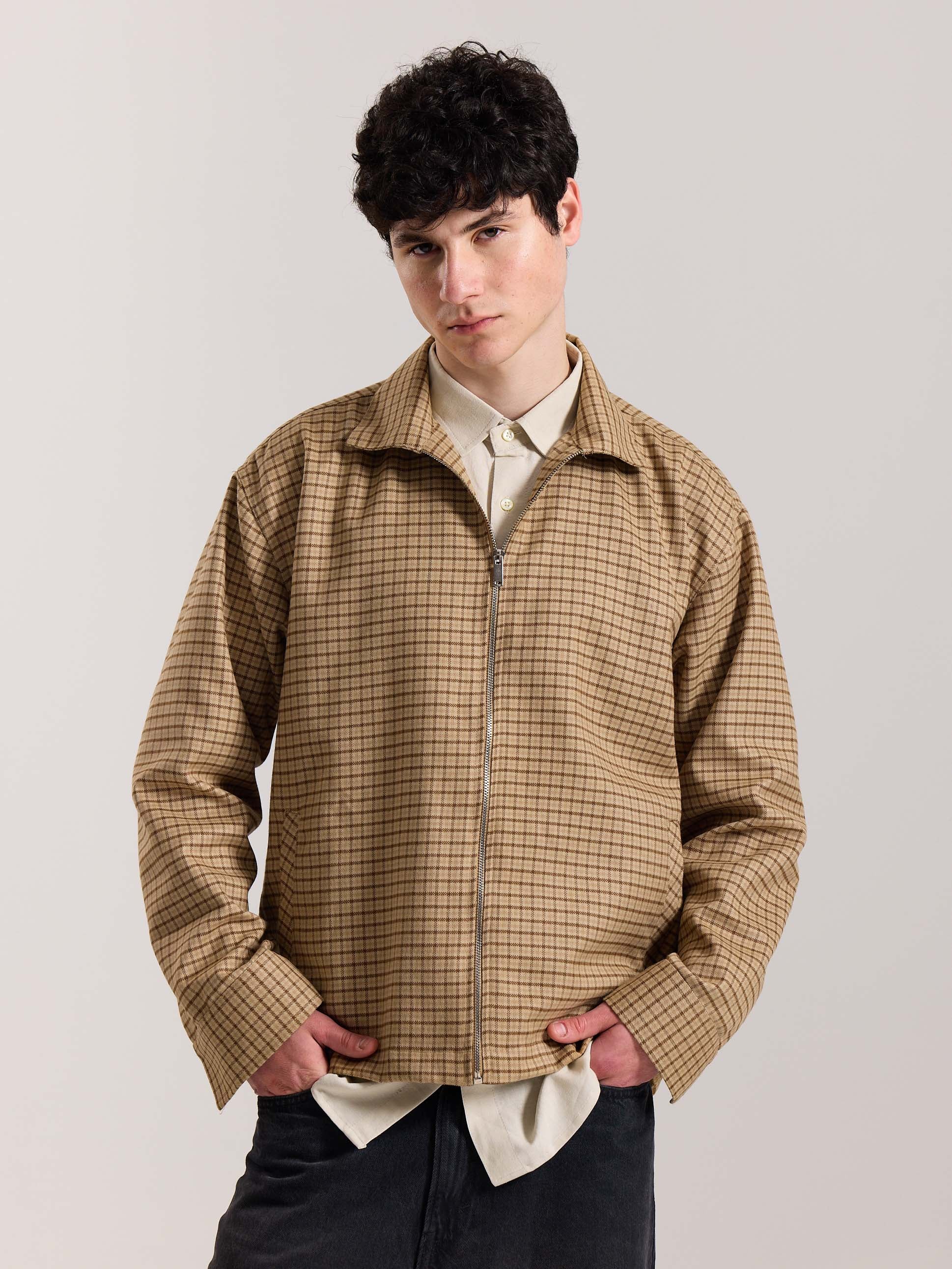 Beige Checkered Tweed Zipper Shacket - Image 3