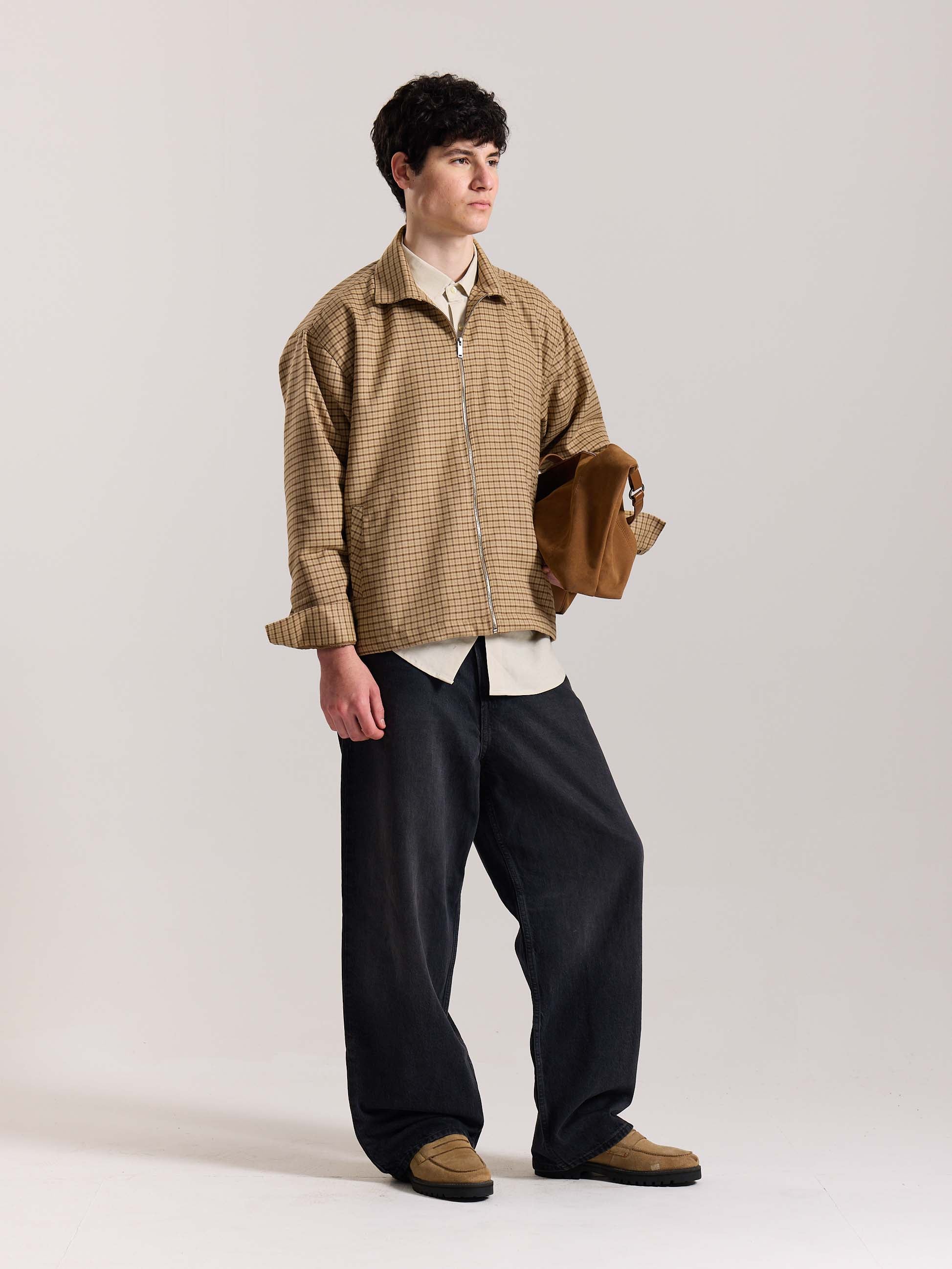Beige Checkered Tweed Zipper Shacket - Image 6