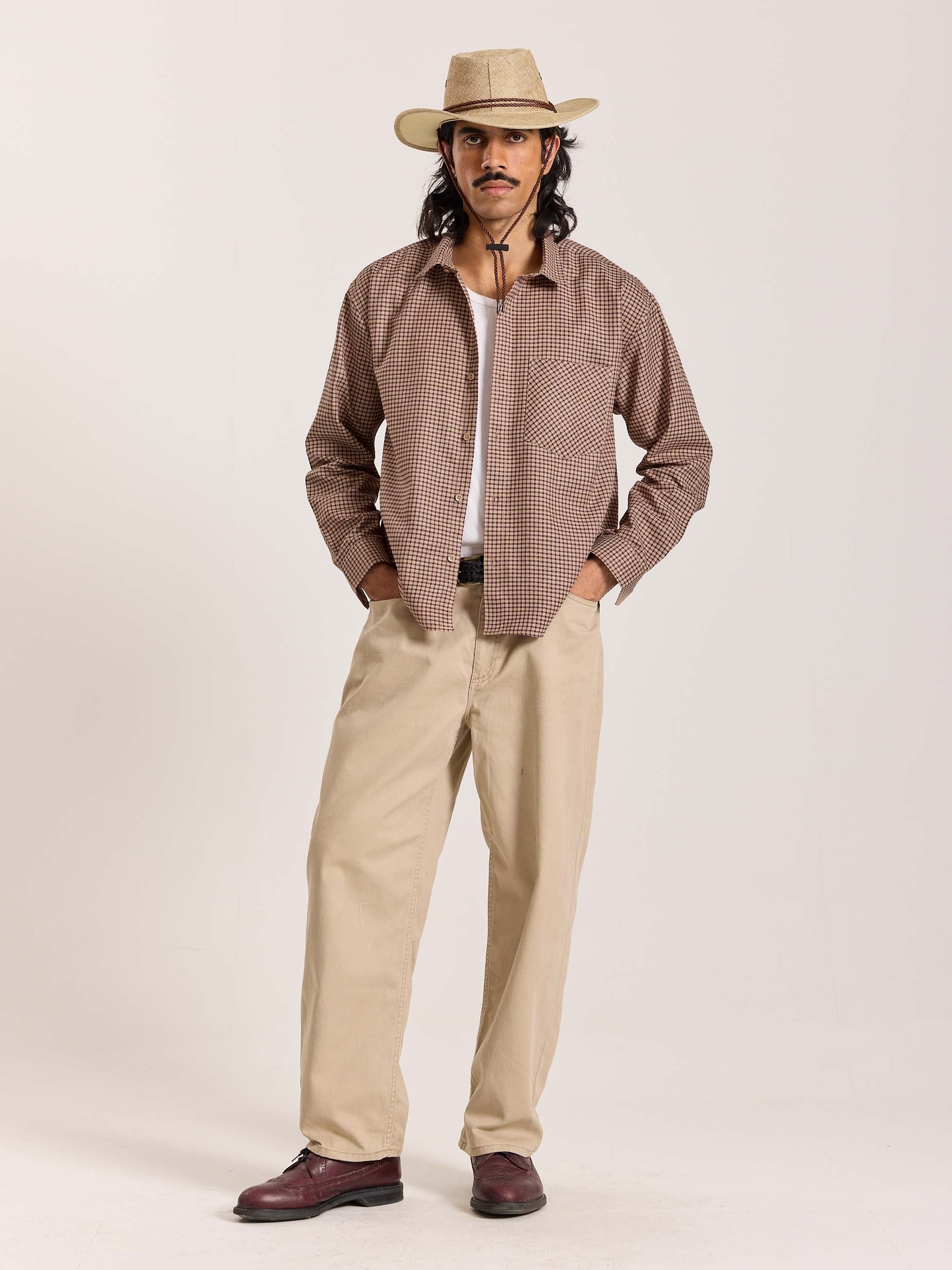 Beige & Maroon Checkered Oversized Cropped Shirt