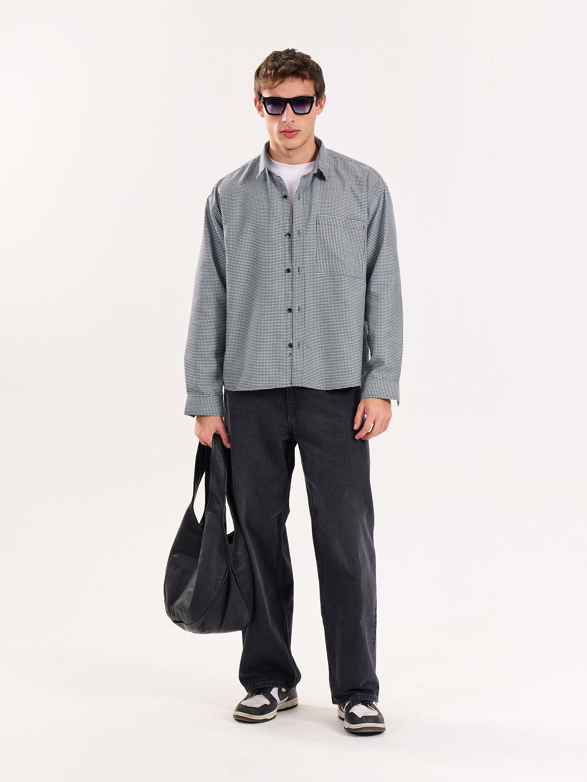 Black Checkered Oversized Cropped Shirt