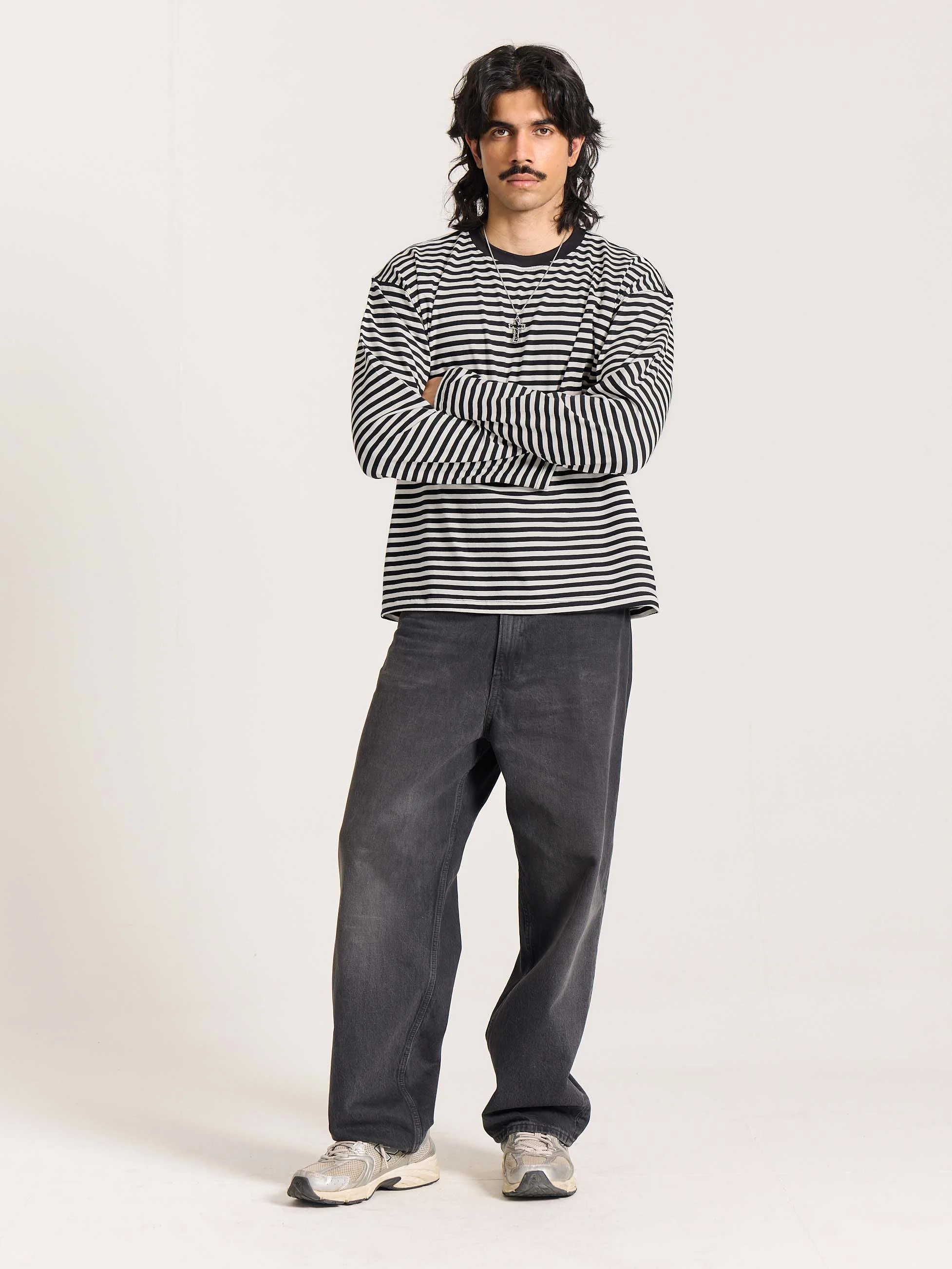 Black Striped Loose Fit Cropped T-Shirt