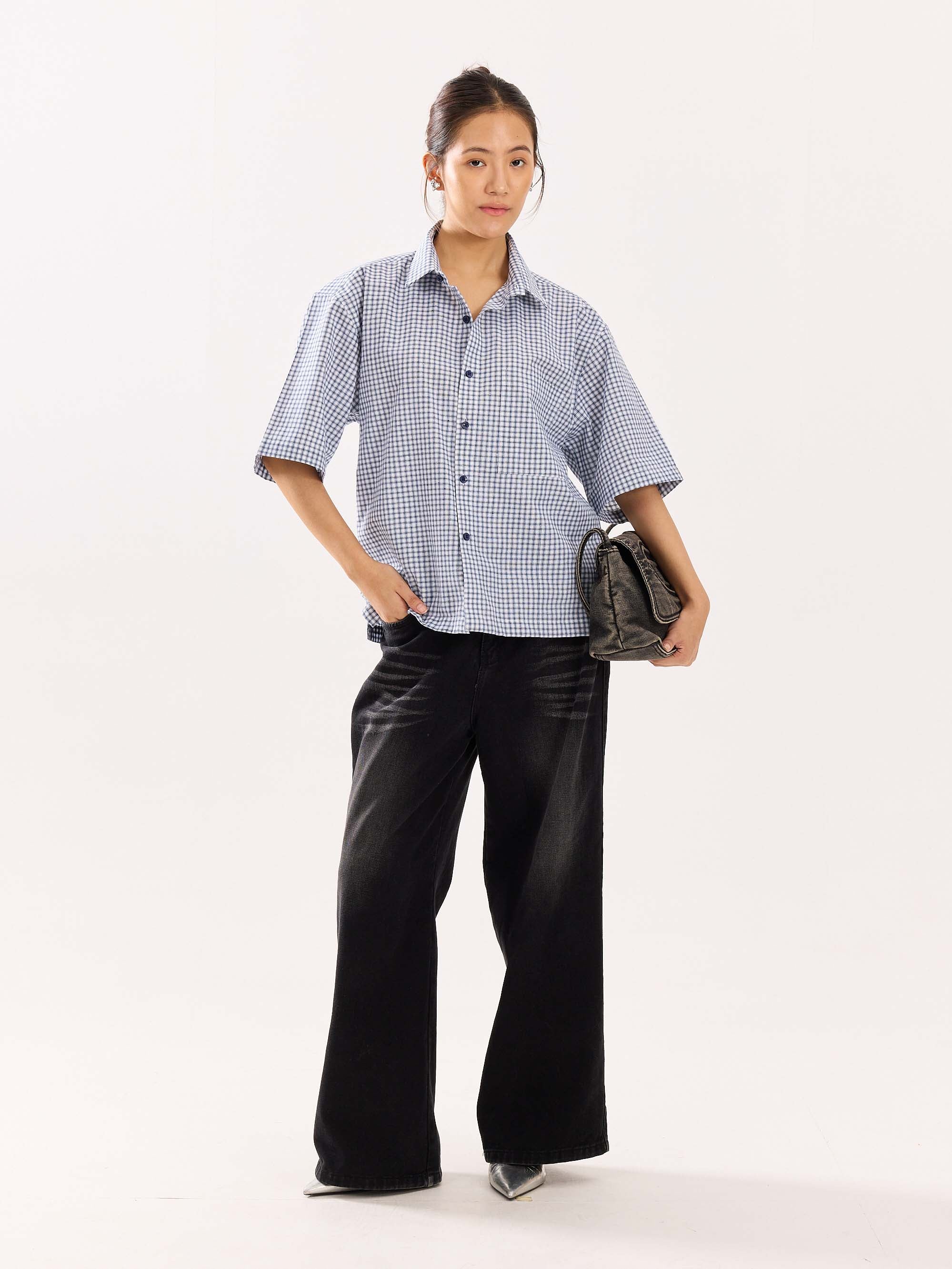Blue Checkered Cropped Shirt - Image 2