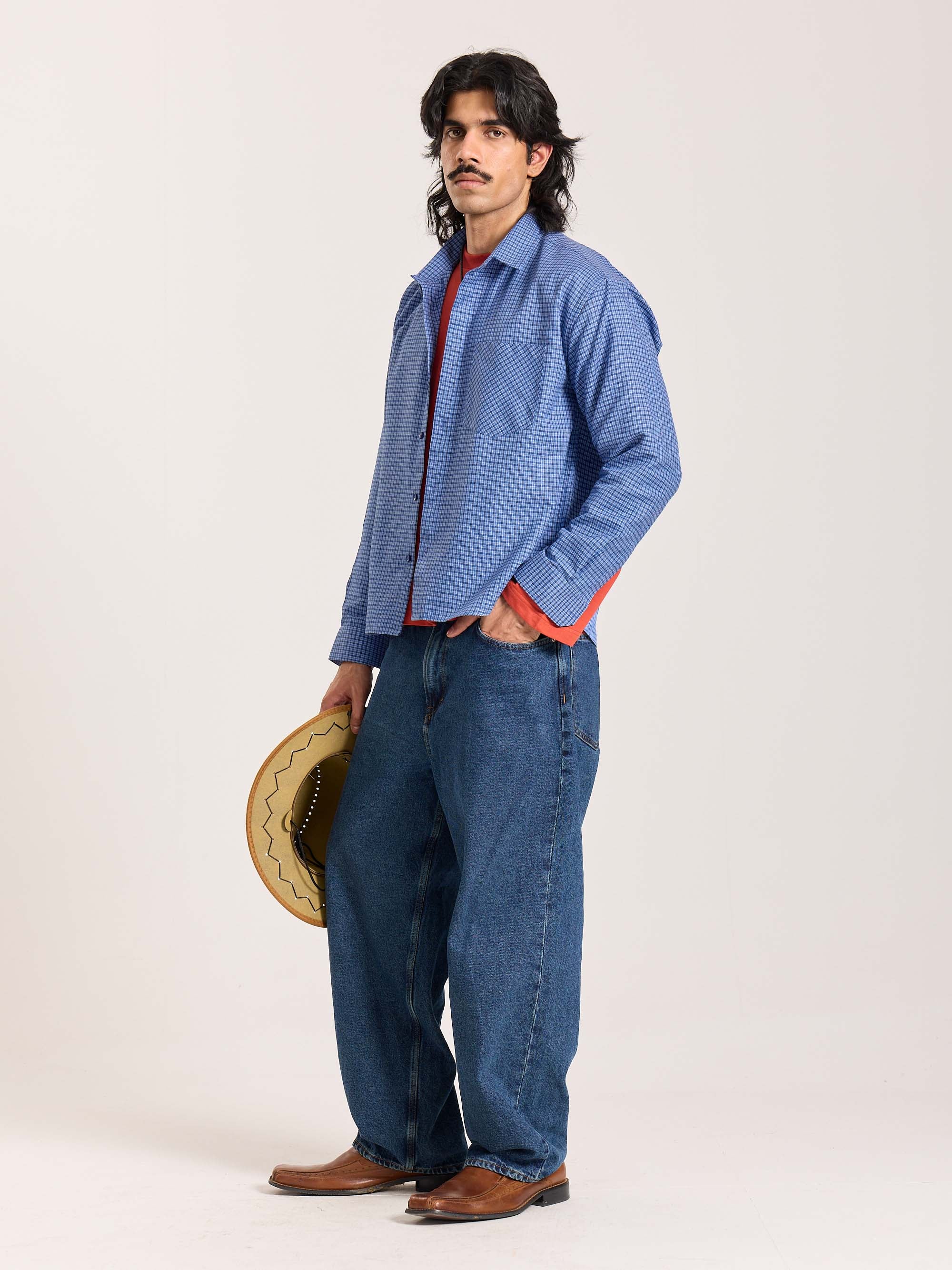 Blue Checkered Oversized Cropped Shirt - Image 6
