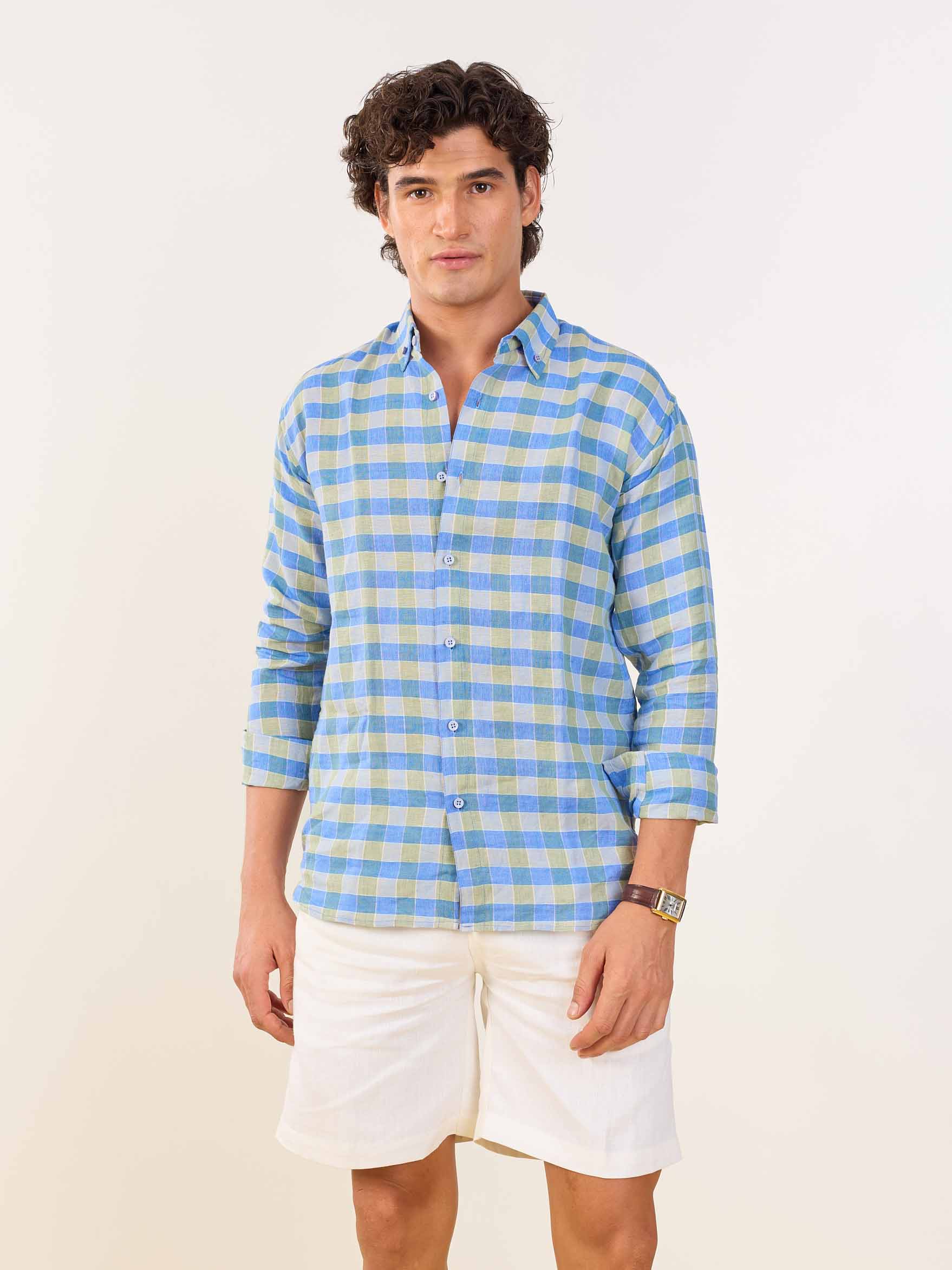 Blue & Green Checked Irish Linen Shirt