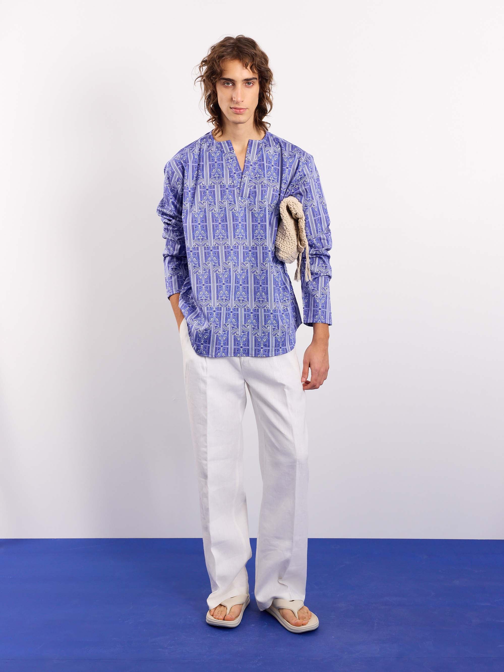 Blue Patterned Satin Pullover