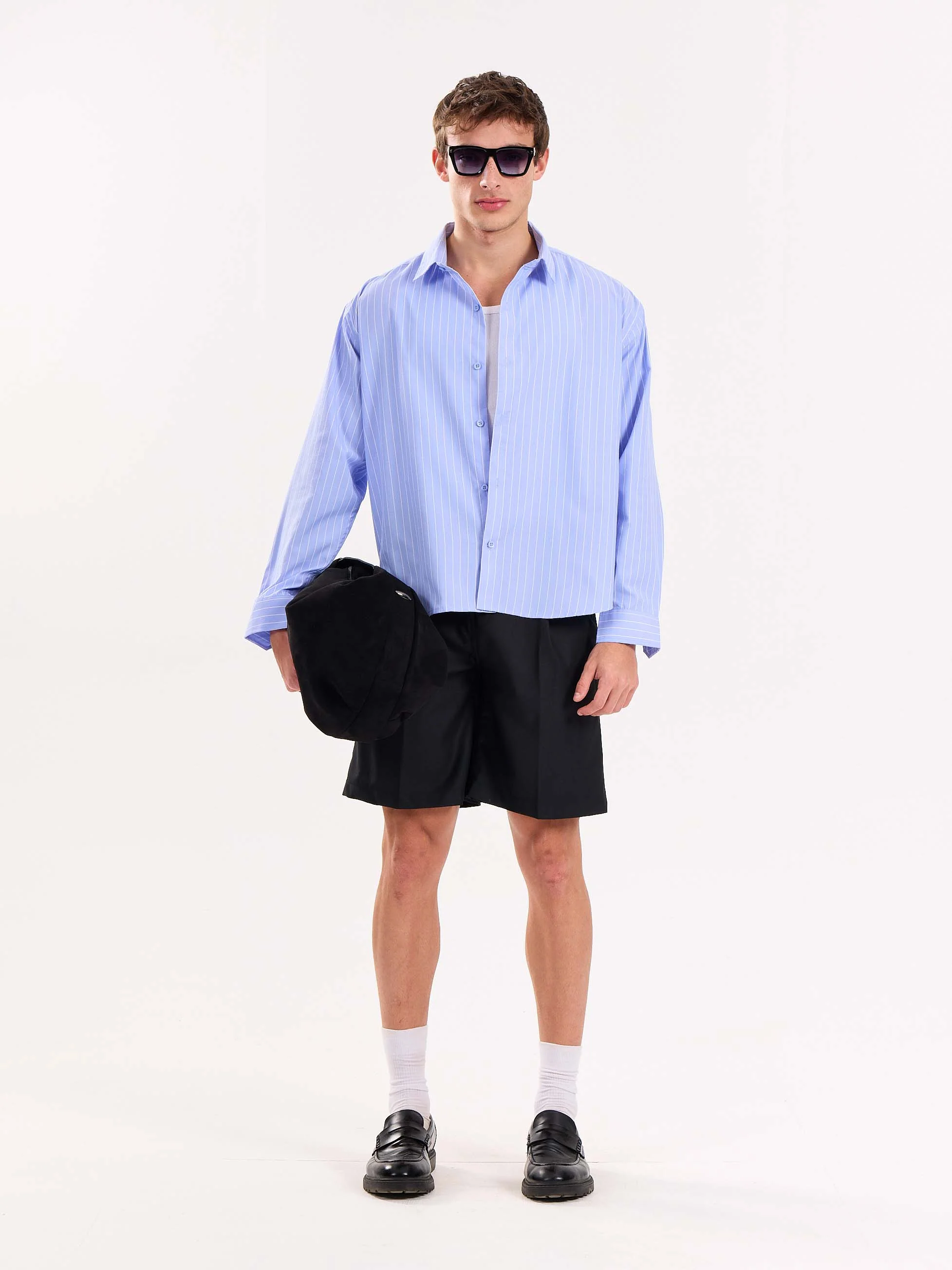 Blue Pinstripe Poplin Cropped Shirt