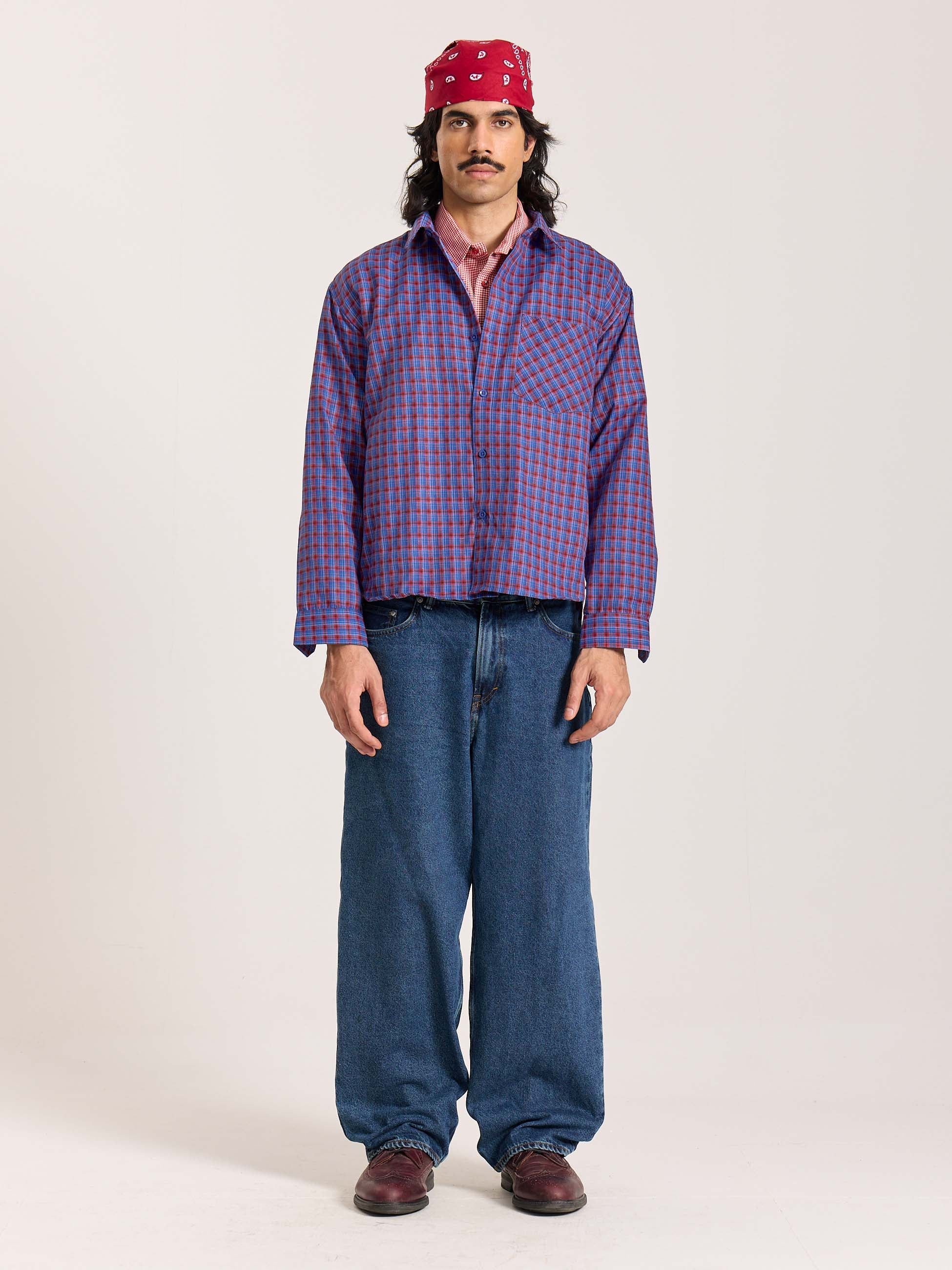 Blue & Red Checkered Oversized Cropped Shirt