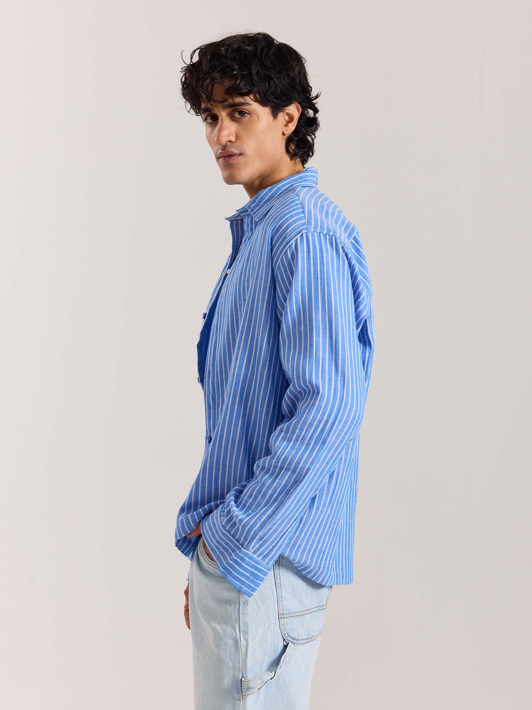 Blue Striped Gauze Holiday Shirt - Image 5