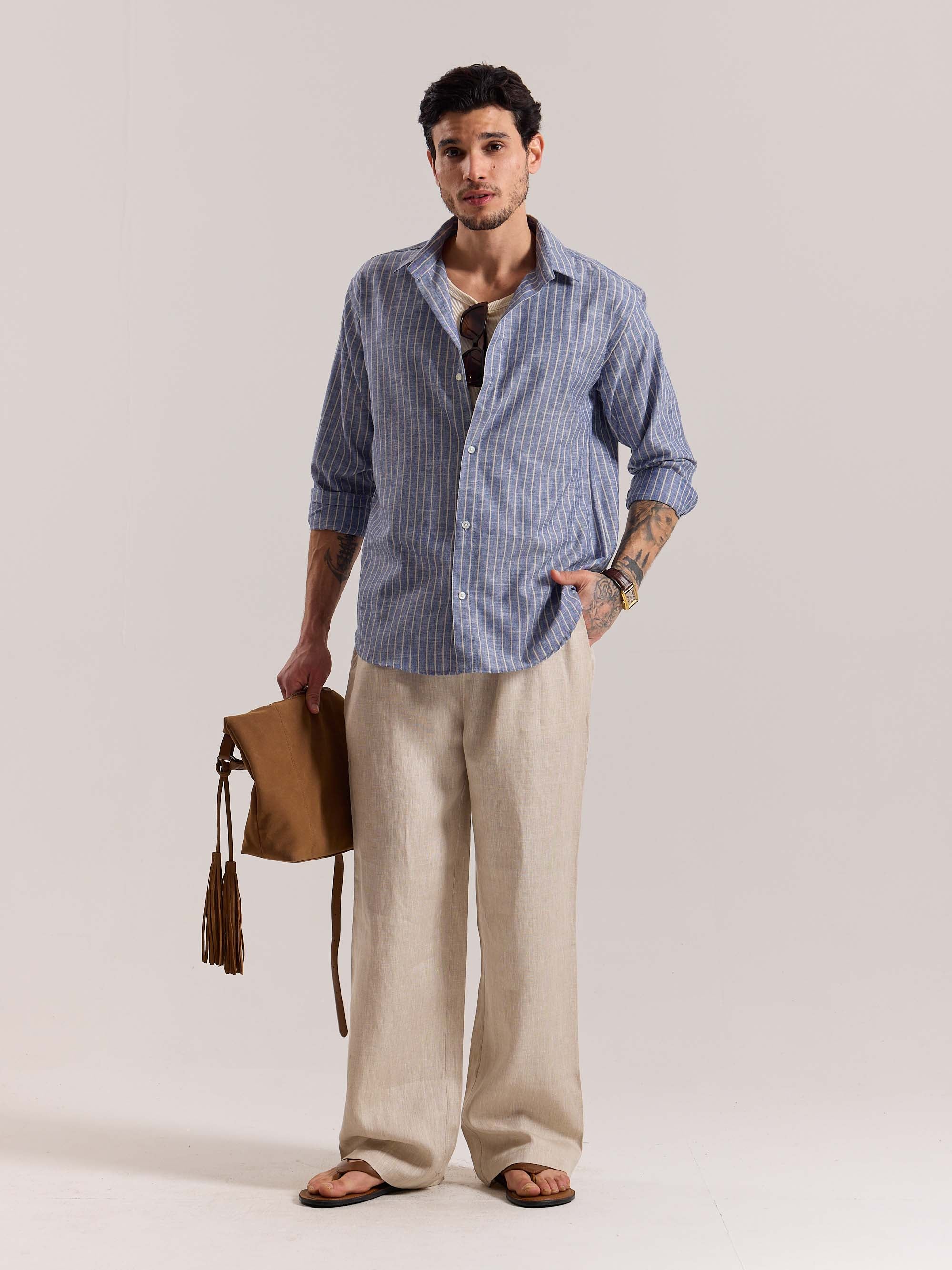 Blue Striped Linen-blend Shirt