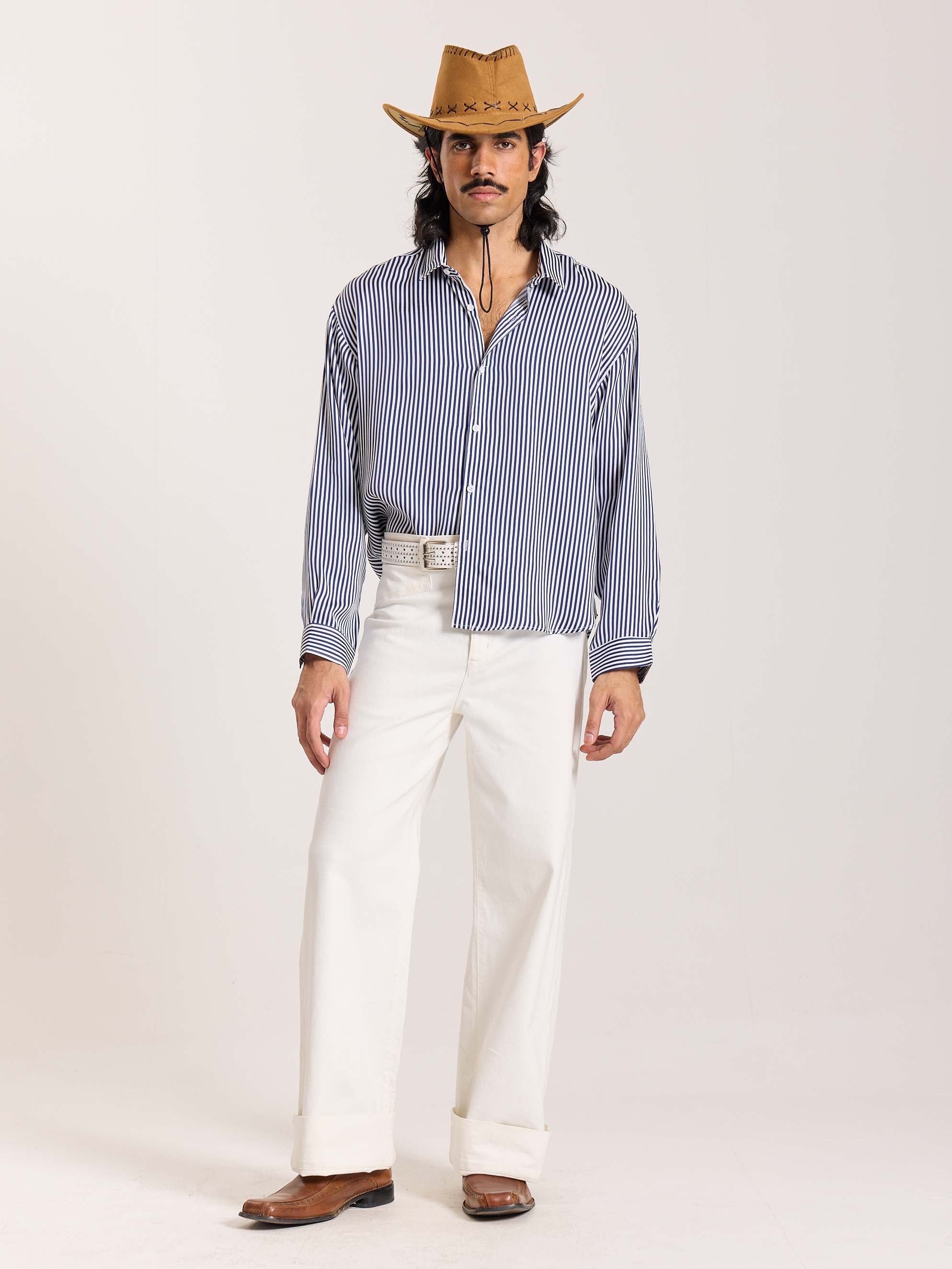 Blue Striped Satin Cropped Shirt