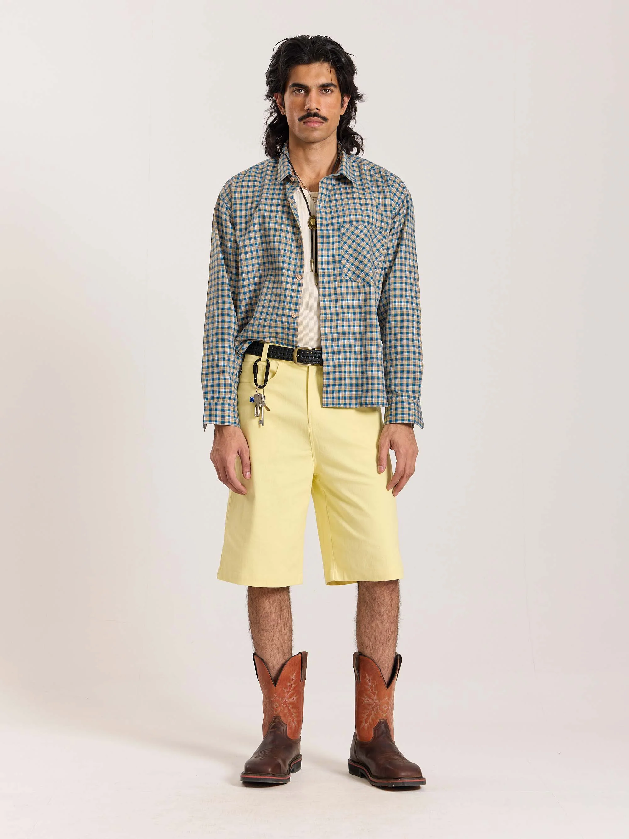 Blue & Yellow Checkered Oversized Cropped Shirt