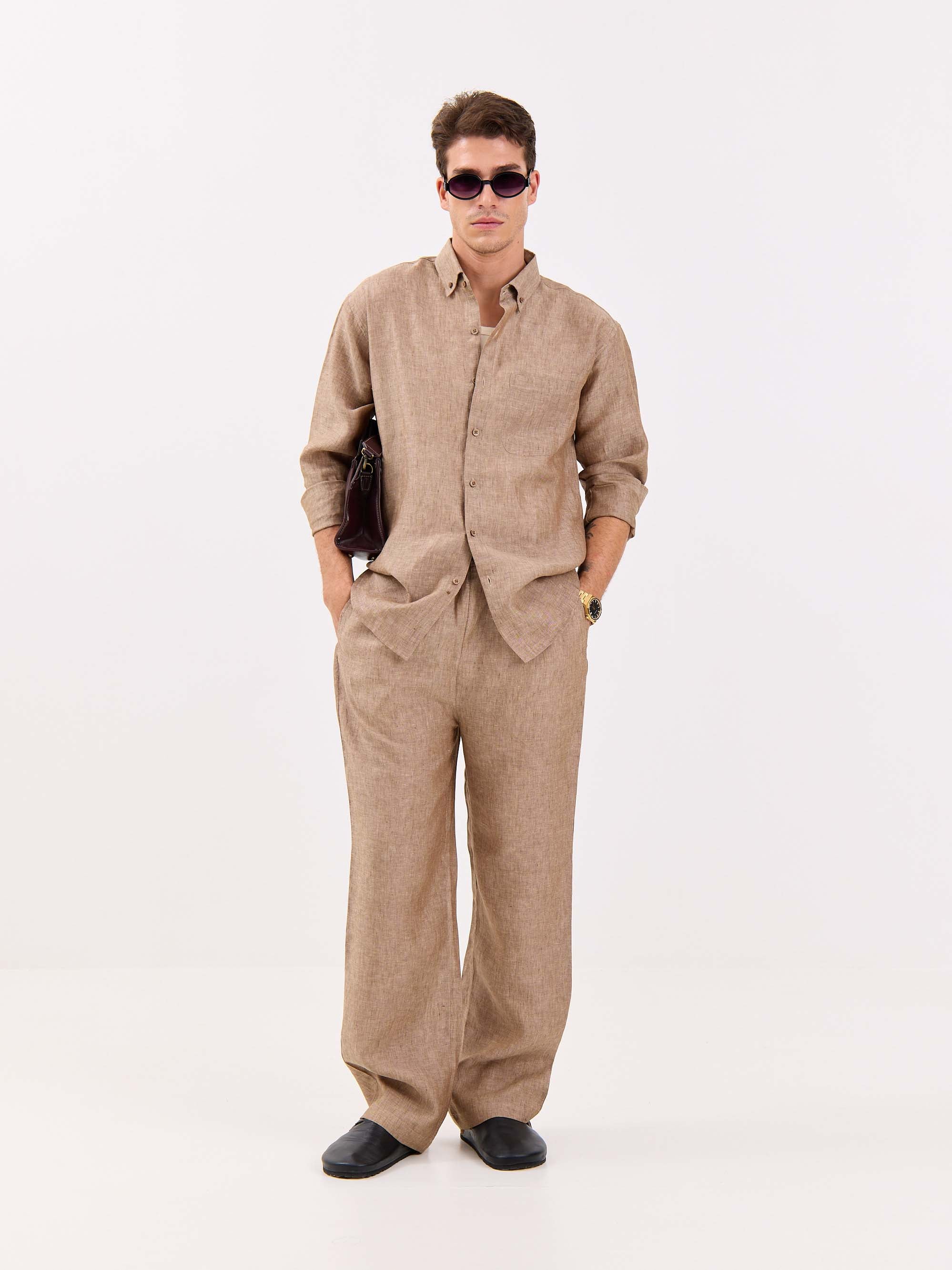 Brown Textured Irish Linen Shirt