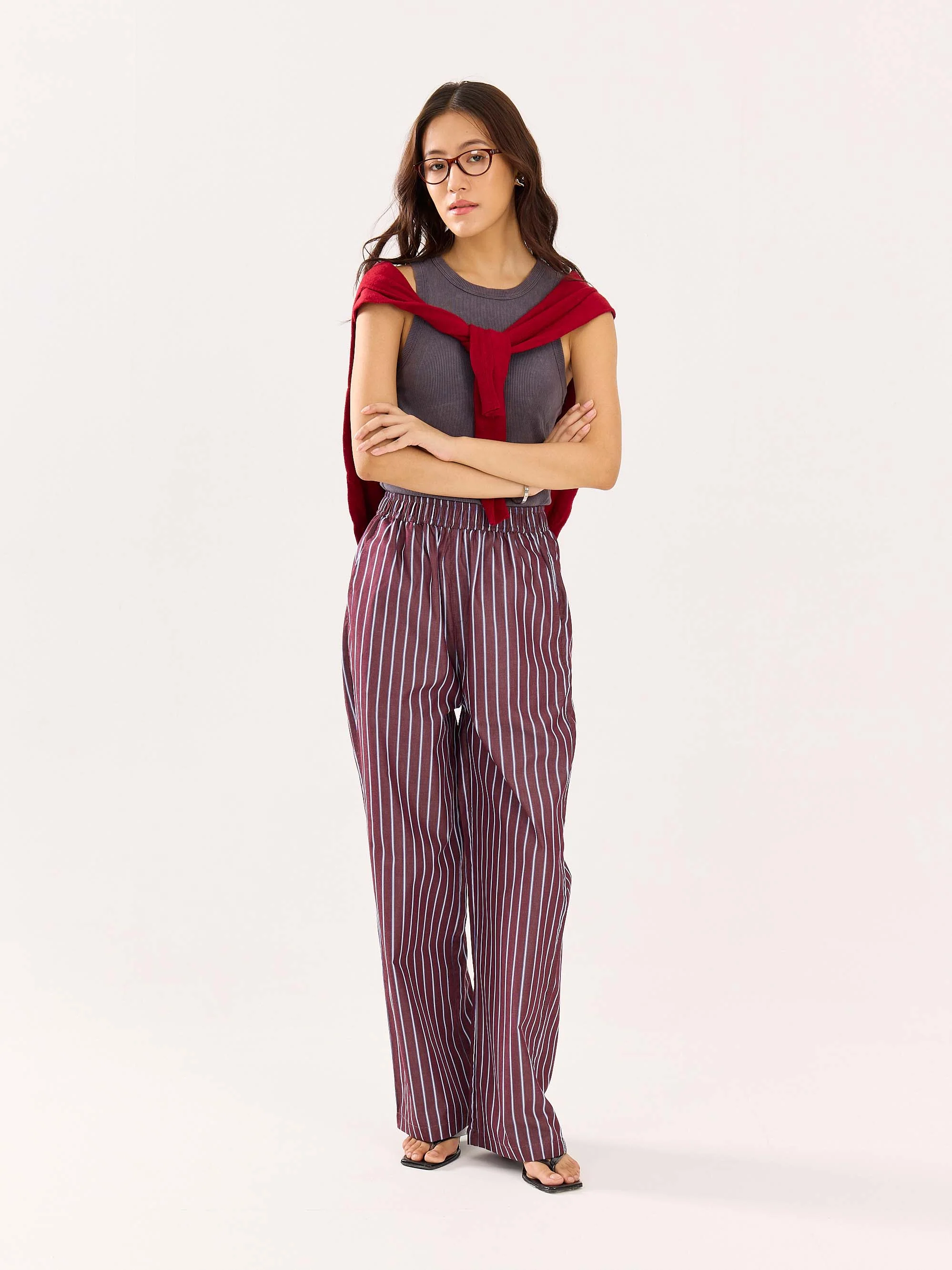 Burgundy Striped Poplin Pull-on Pants - Image 2