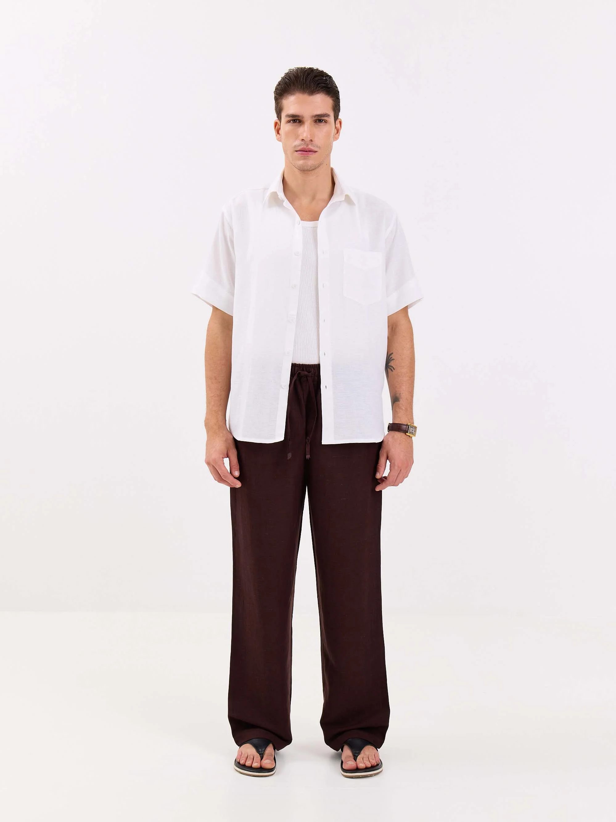 Coffee Brown Linen Pull-on Pants