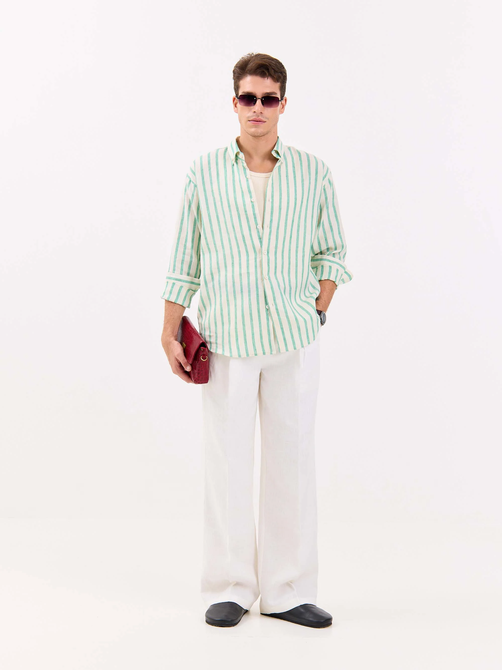 Cream & Green Striped Irish Linen Shirt