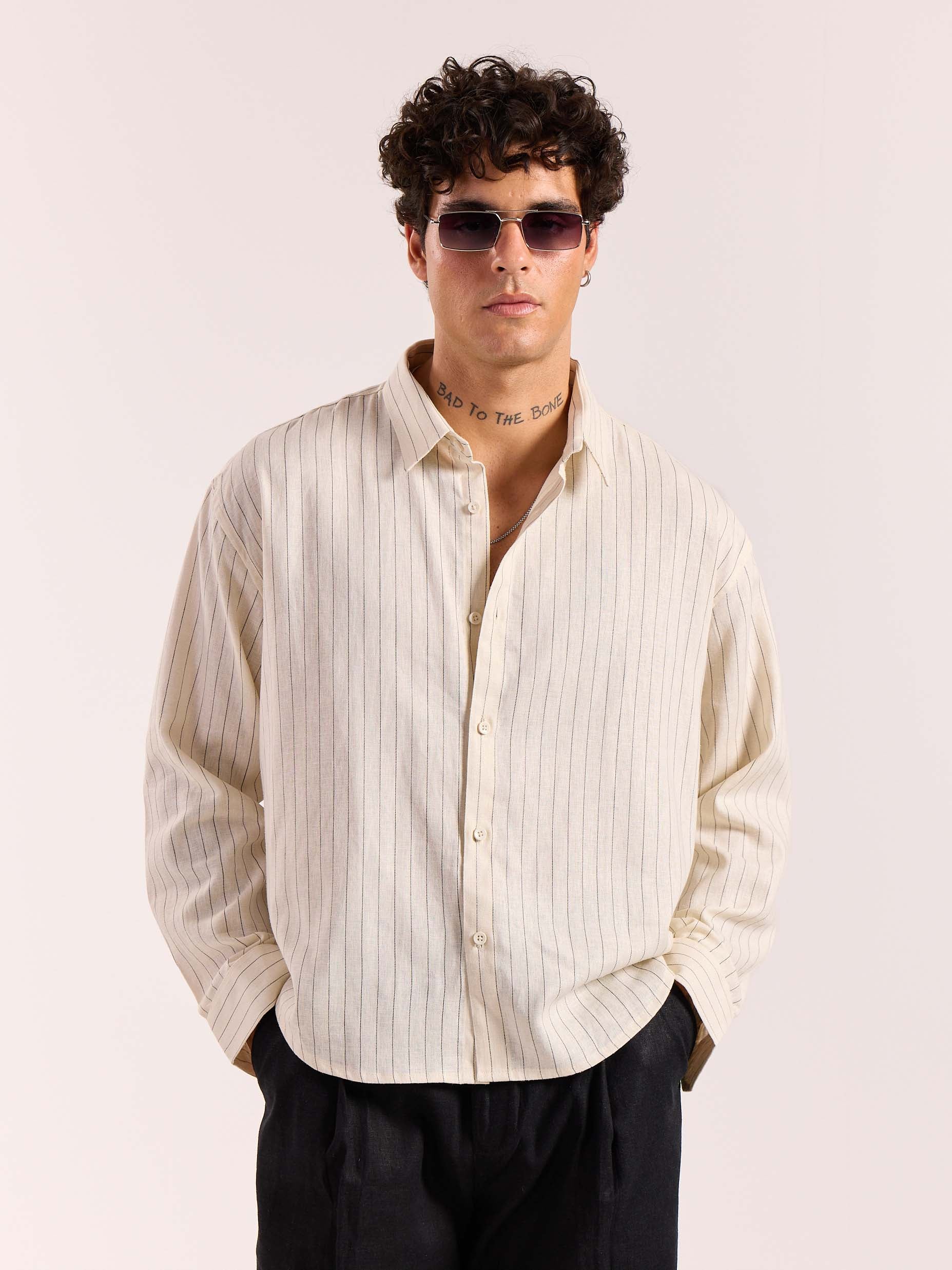 Cream Pinstriped Linen Cropped Shirt - Image 3