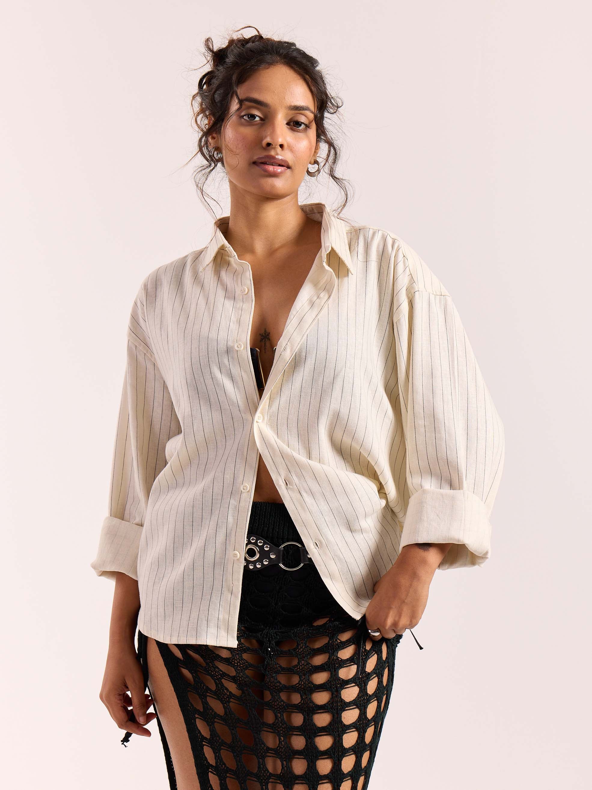 Cream Pinstriped Linen Cropped Shirt - Image 4
