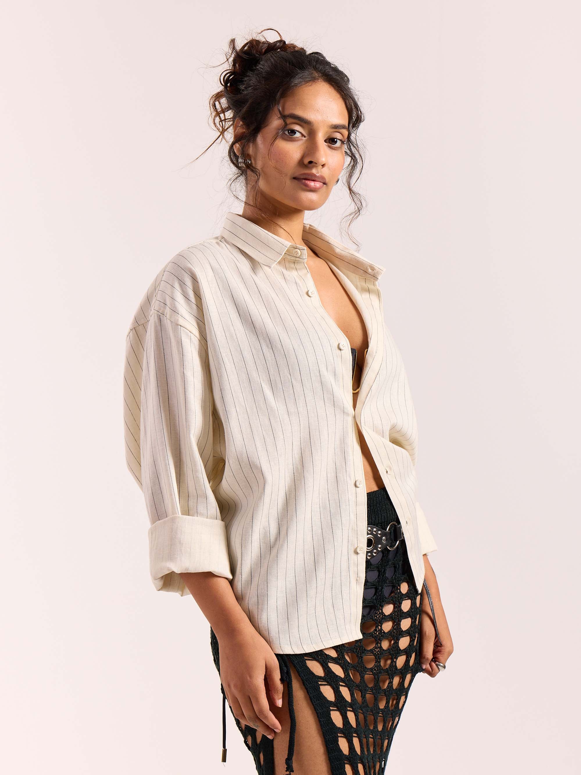 Cream Pinstriped Linen Cropped Shirt - Image 5