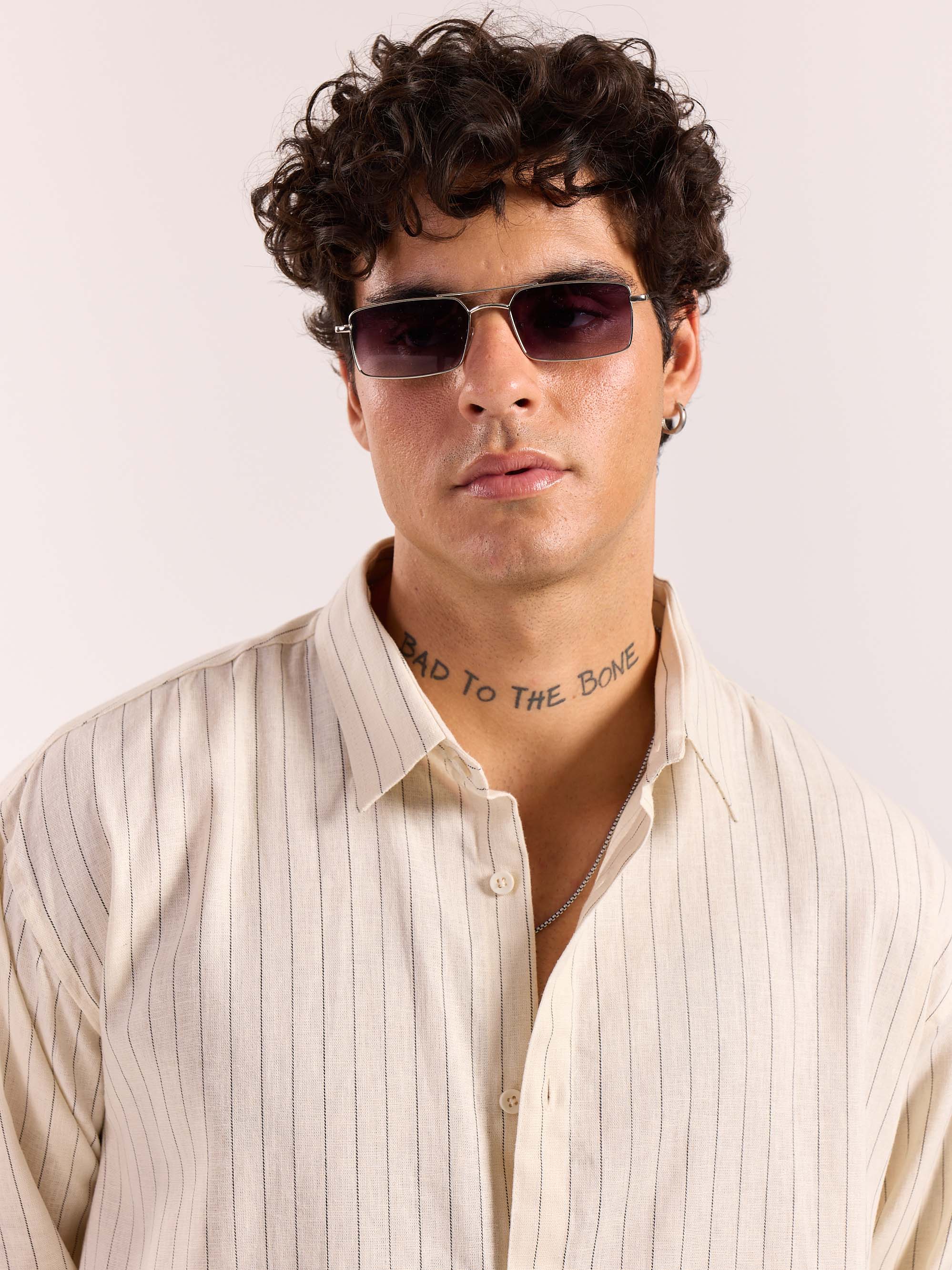 Cream Pinstriped Linen Cropped Shirt - Image 6