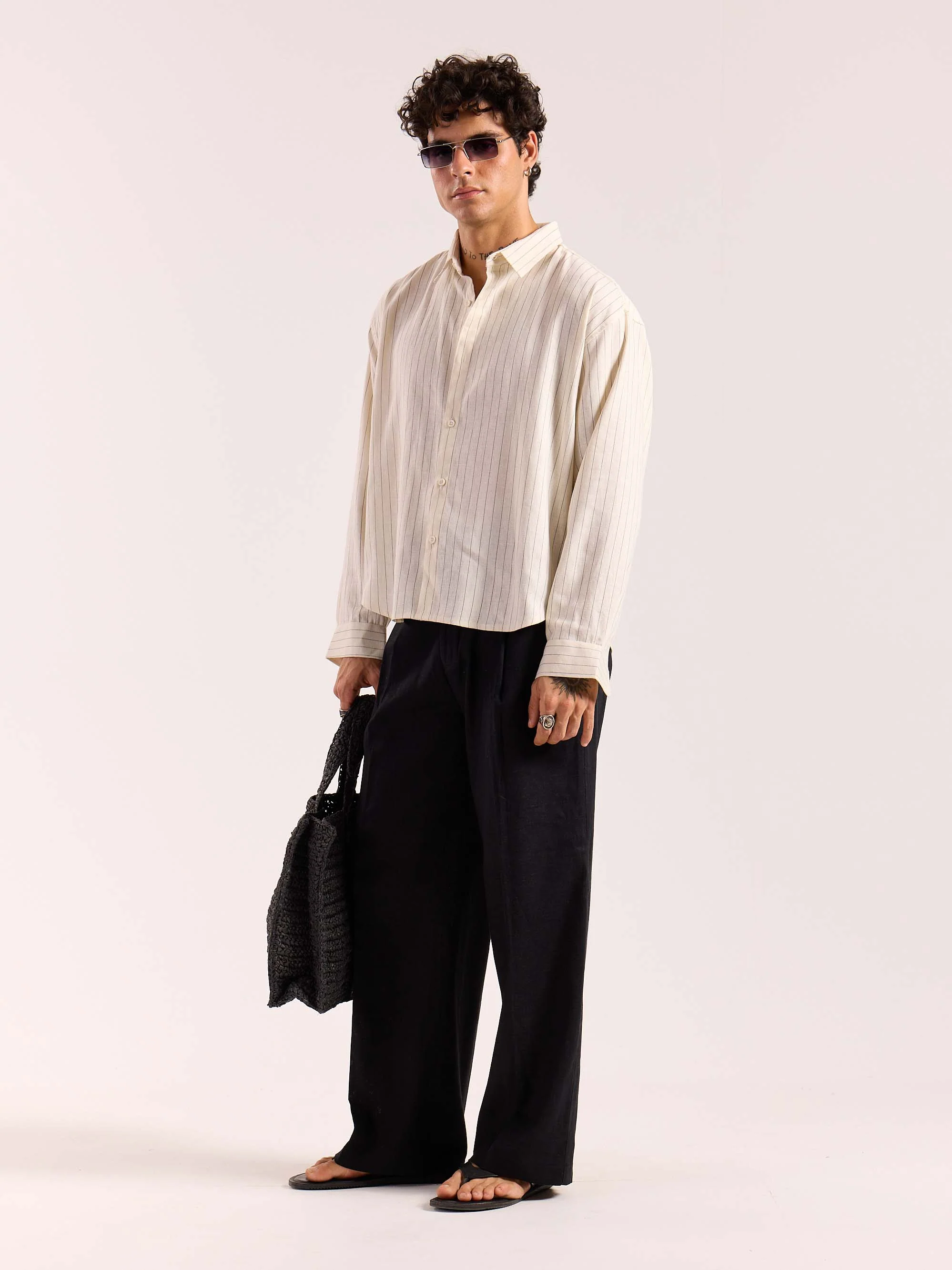 Cream Pinstriped Linen Cropped Shirt - Image 7