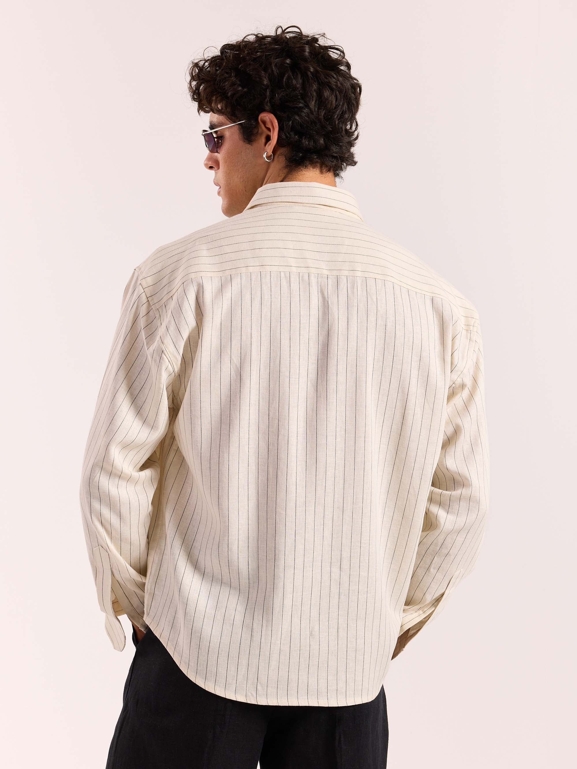 Cream Pinstriped Linen Cropped Shirt - Image 8