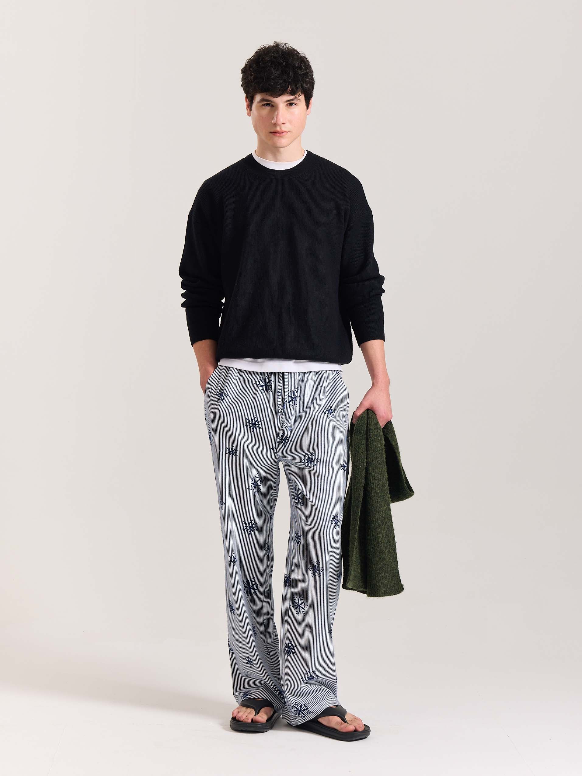 Dark Blue Striped Snowflake Pull-on Pants