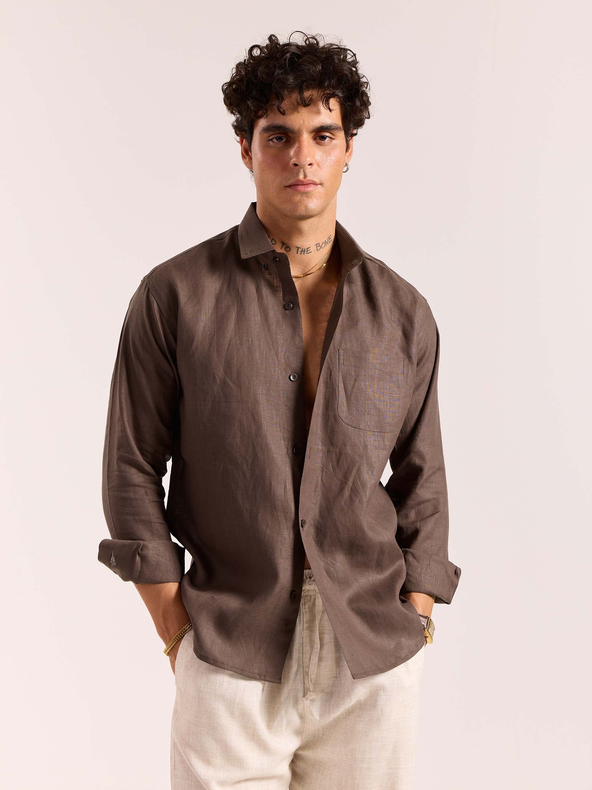 Dark Brown 60s Lea Linen Shirt - Image 3