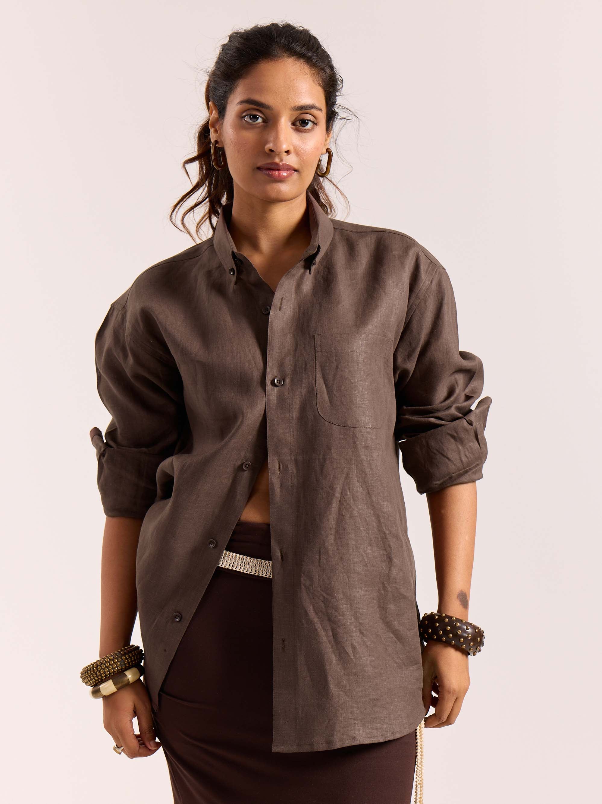 Dark Brown 60s Lea Linen Shirt - Image 4