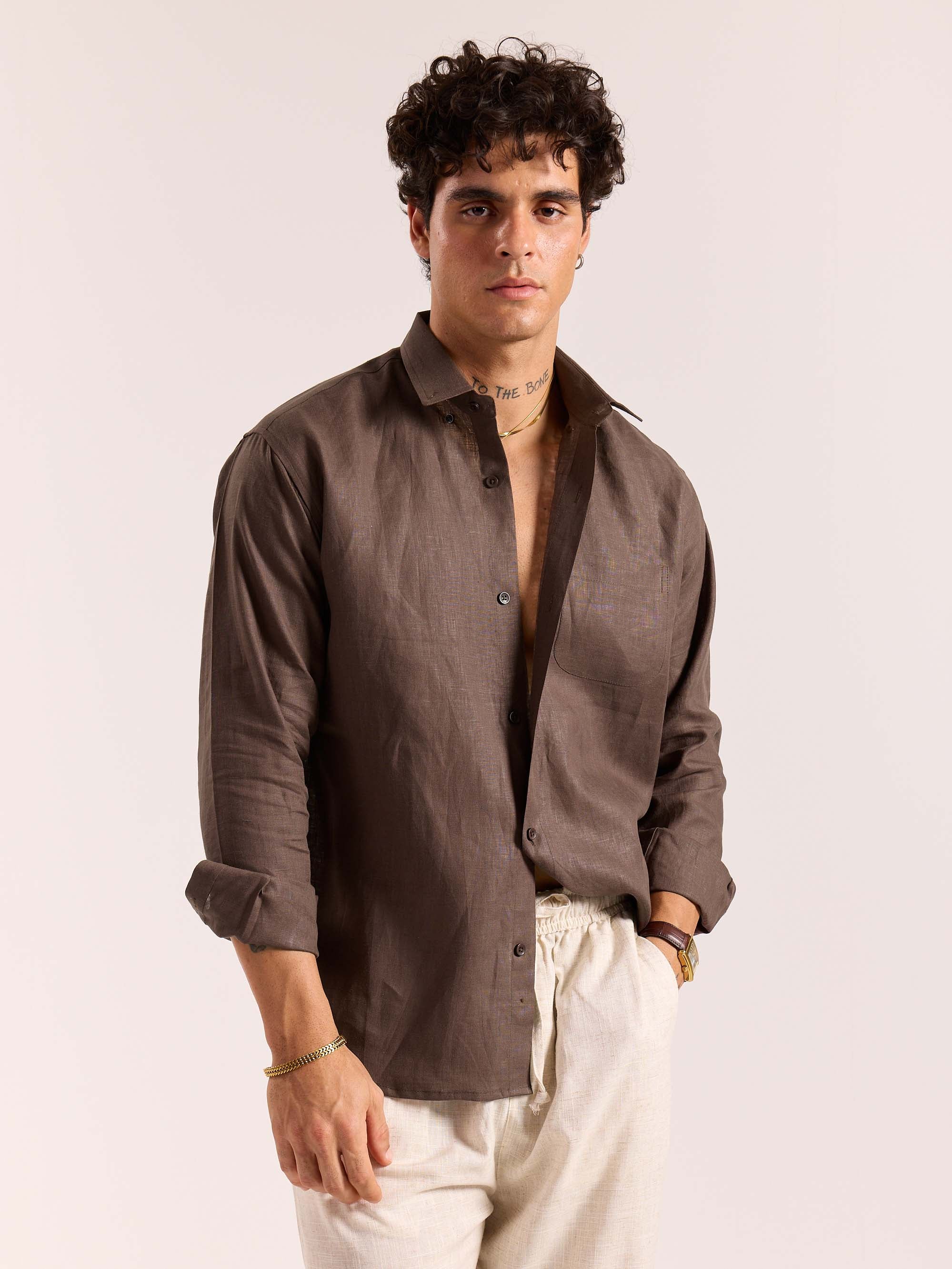 Dark Brown 60s Lea Linen Shirt - Image 7