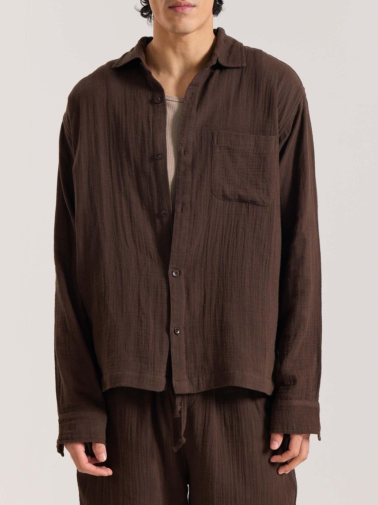 Dark Brown Gauze Holiday Shirt - Image 4