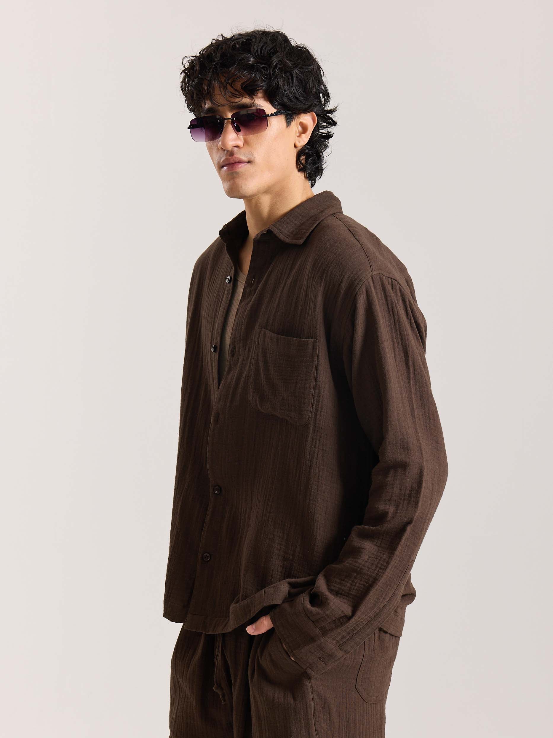 Dark Brown Gauze Holiday Shirt - Image 5