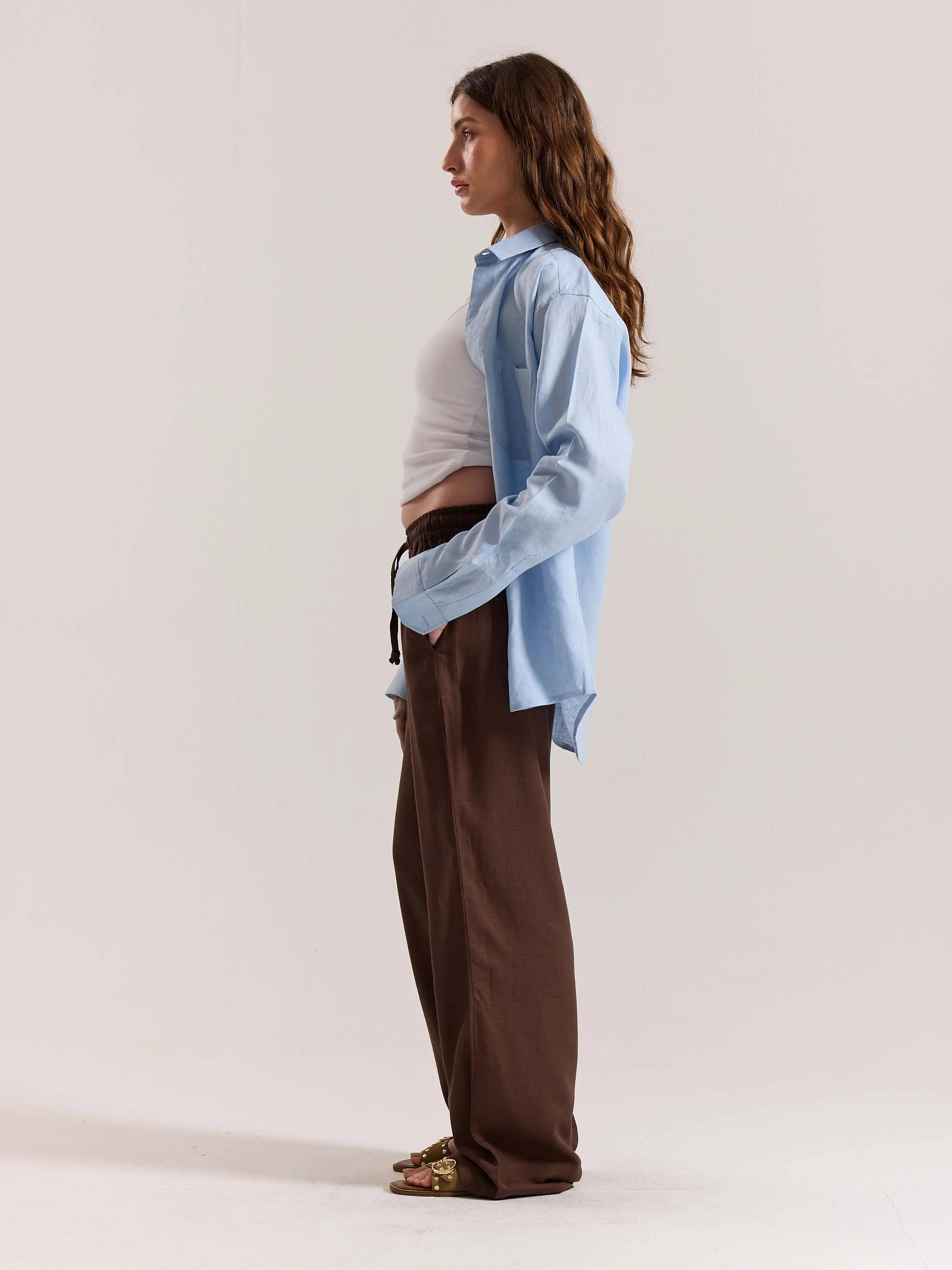 Dark Brown Linen Pull-on Pants - Image 2