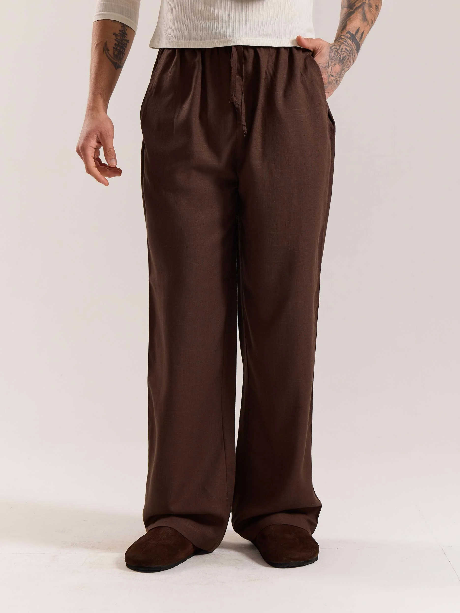 Dark Brown Linen Pull-on Pants - Image 3