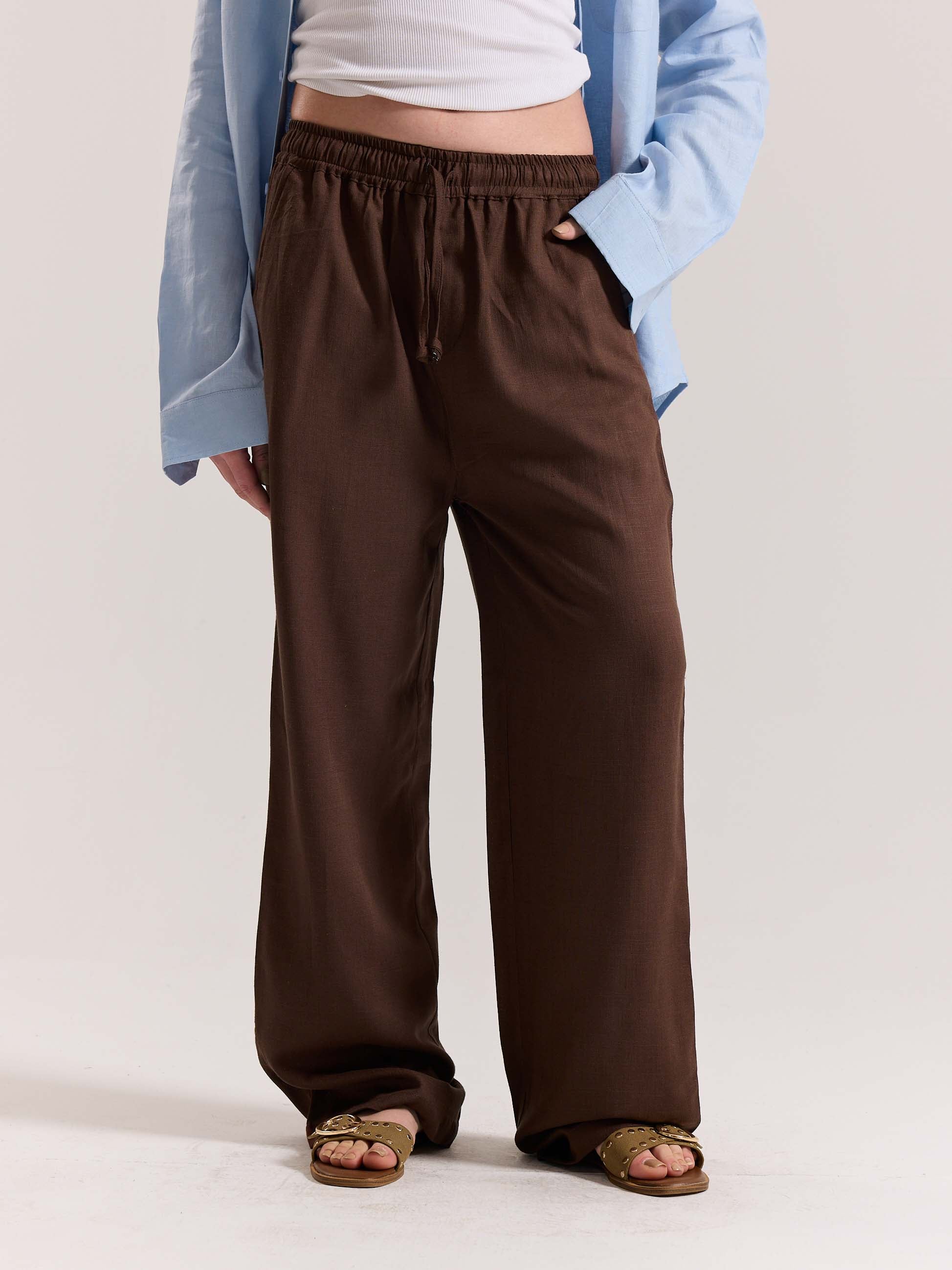 Dark Brown Linen Pull-on Pants - Image 4