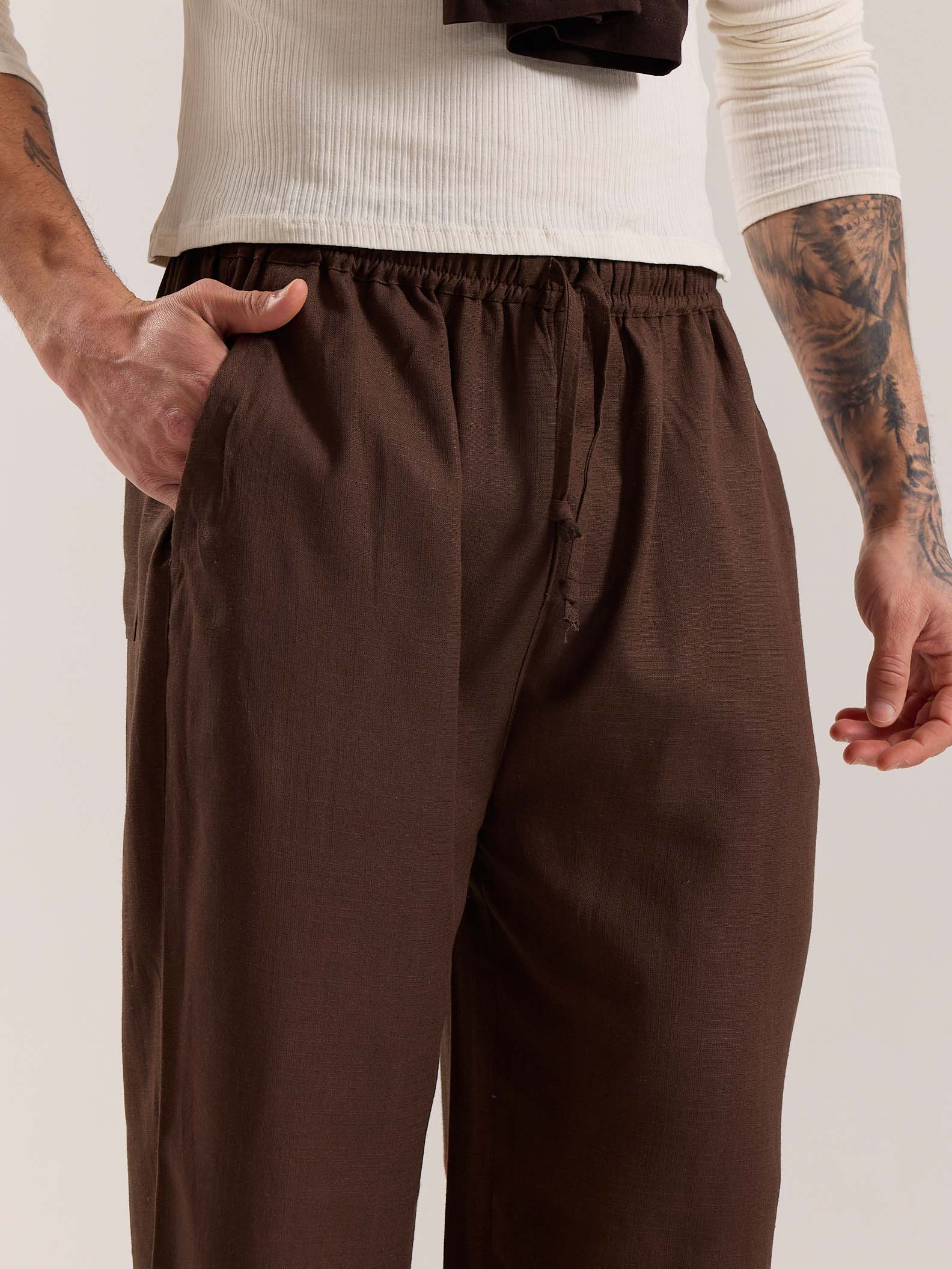 Dark Brown Linen Pull-on Pants - Image 5