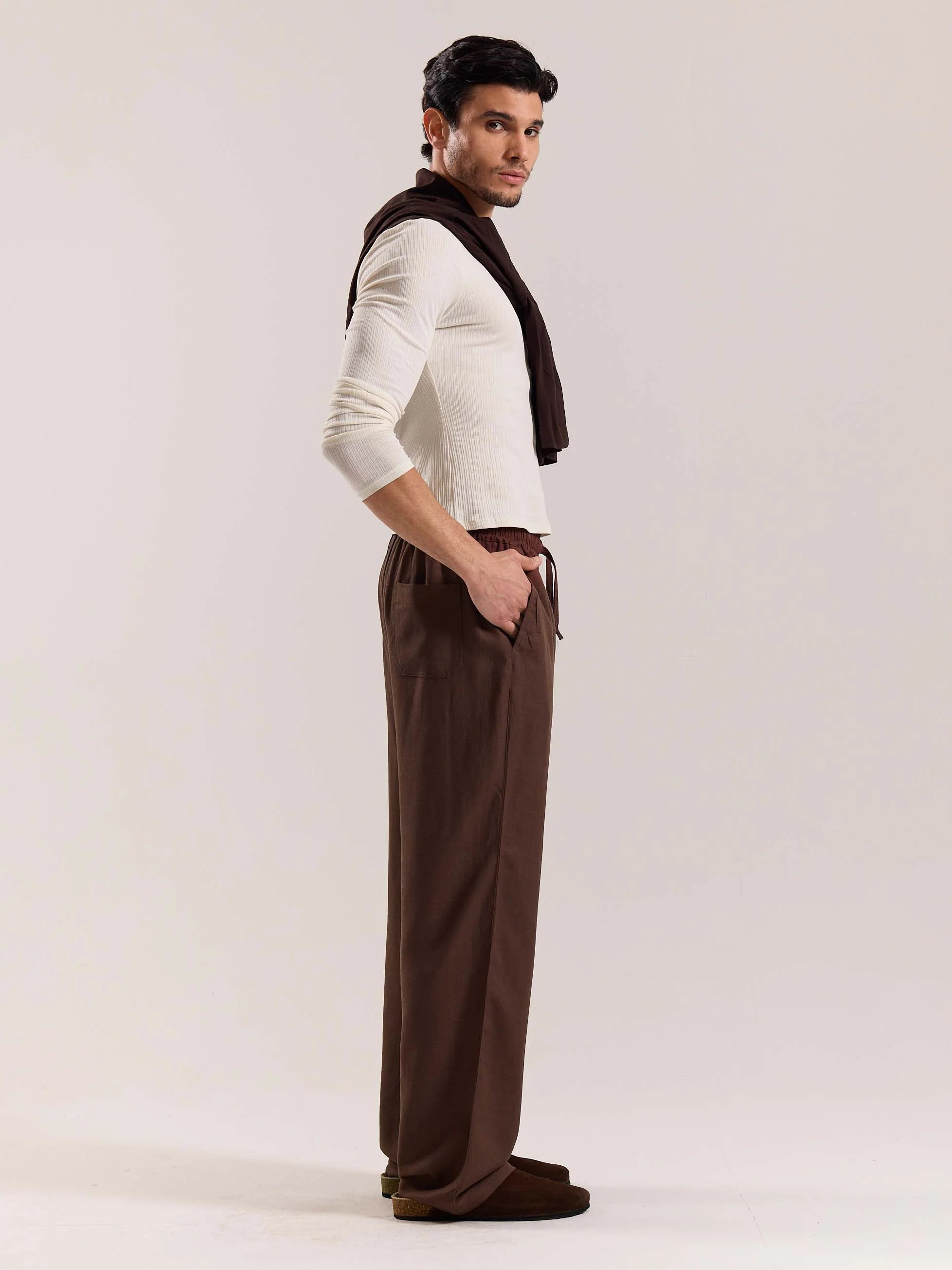 Dark Brown Linen Pull-on Pants - Image 6