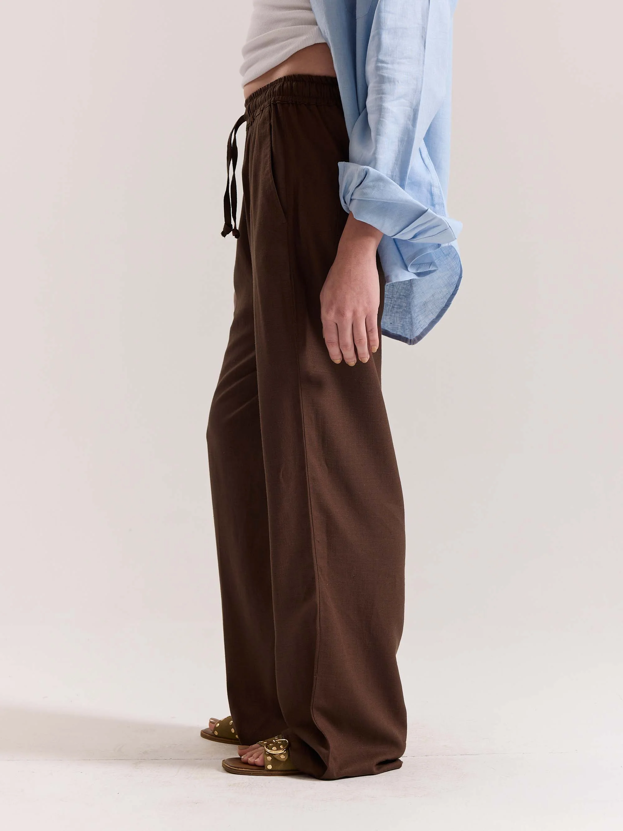 Dark Brown Linen Pull-on Pants - Image 7