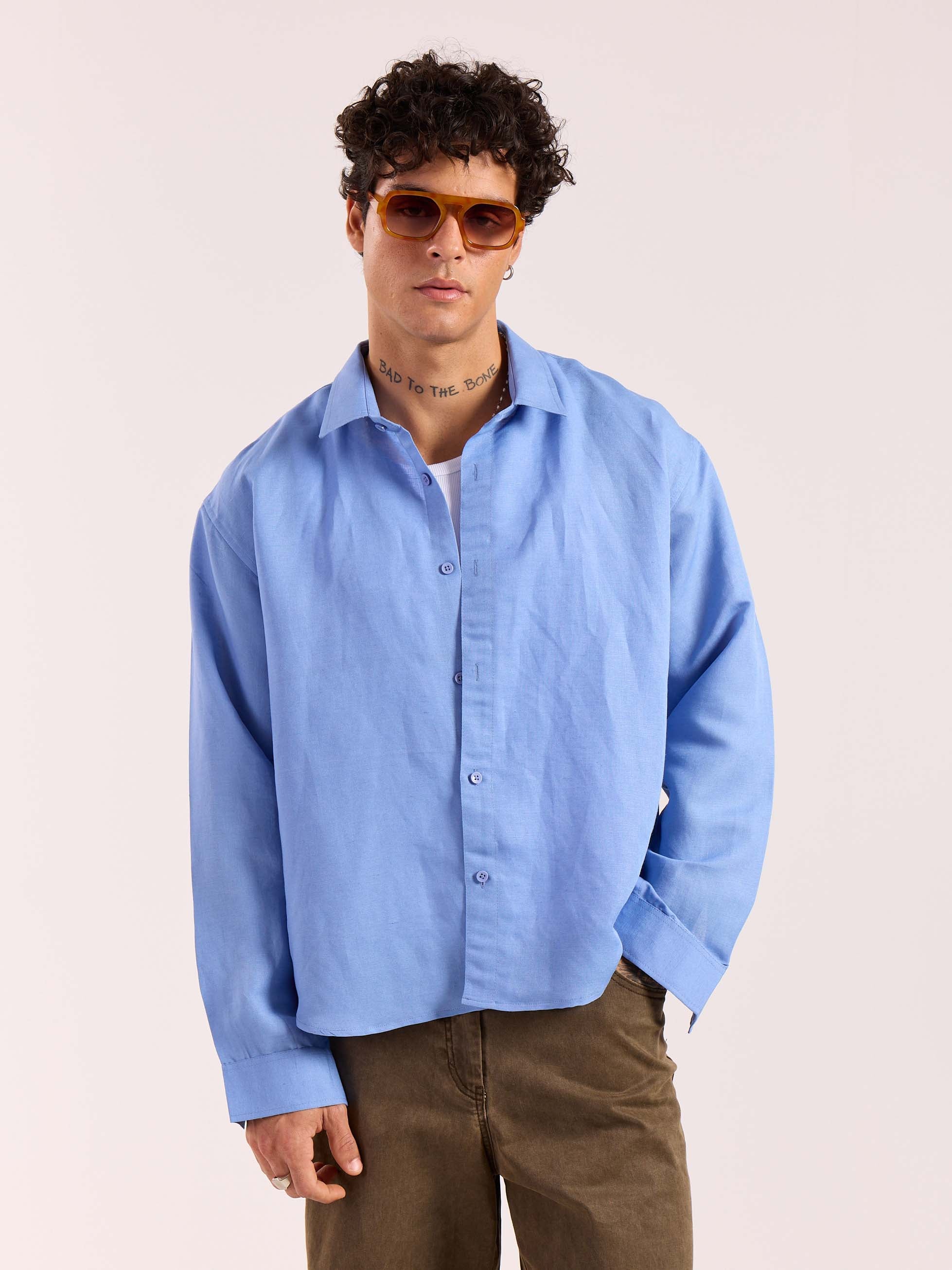 Dark Dusty Blue Linen Cropped Shirt - Image 2