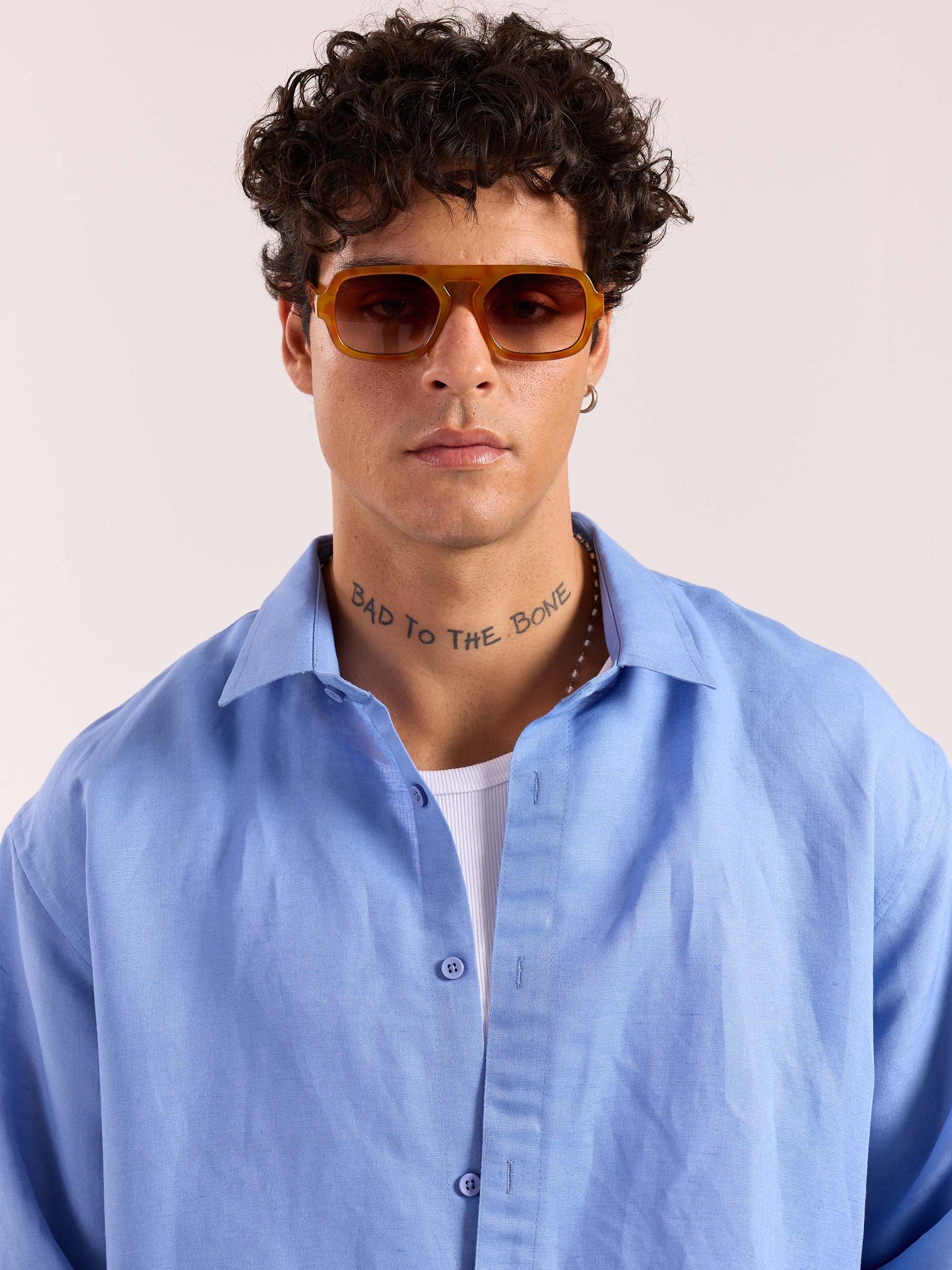 Dark Dusty Blue Linen Cropped Shirt - Image 3