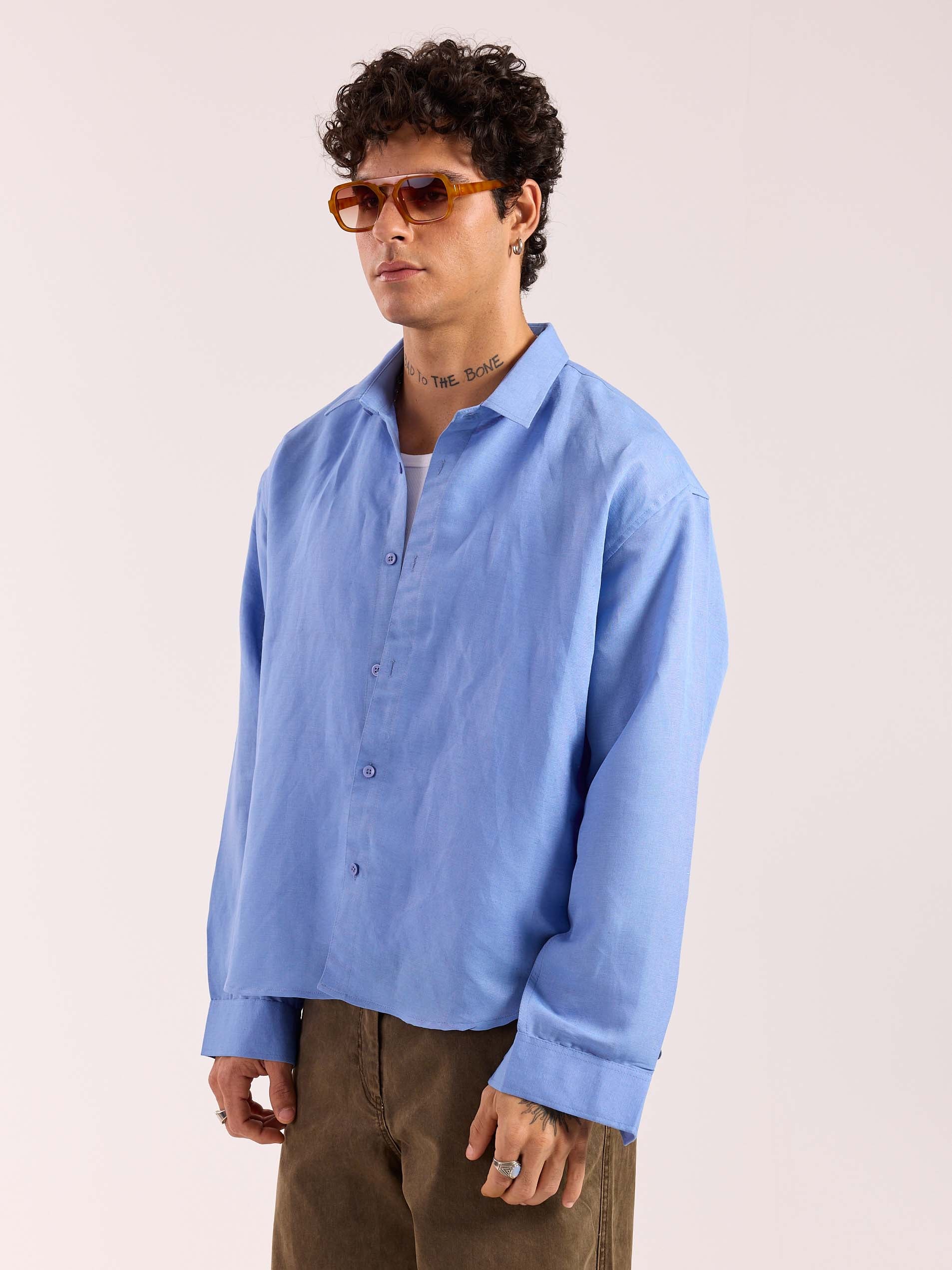 Dark Dusty Blue Linen Cropped Shirt - Image 4