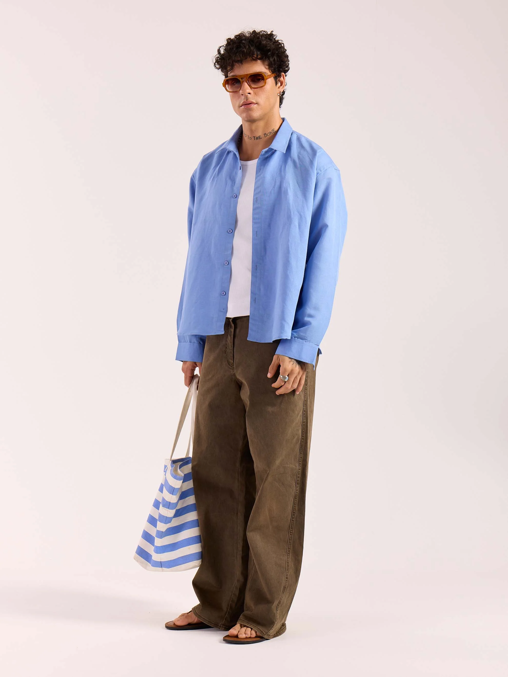 Dark Dusty Blue Linen Cropped Shirt - Image 5