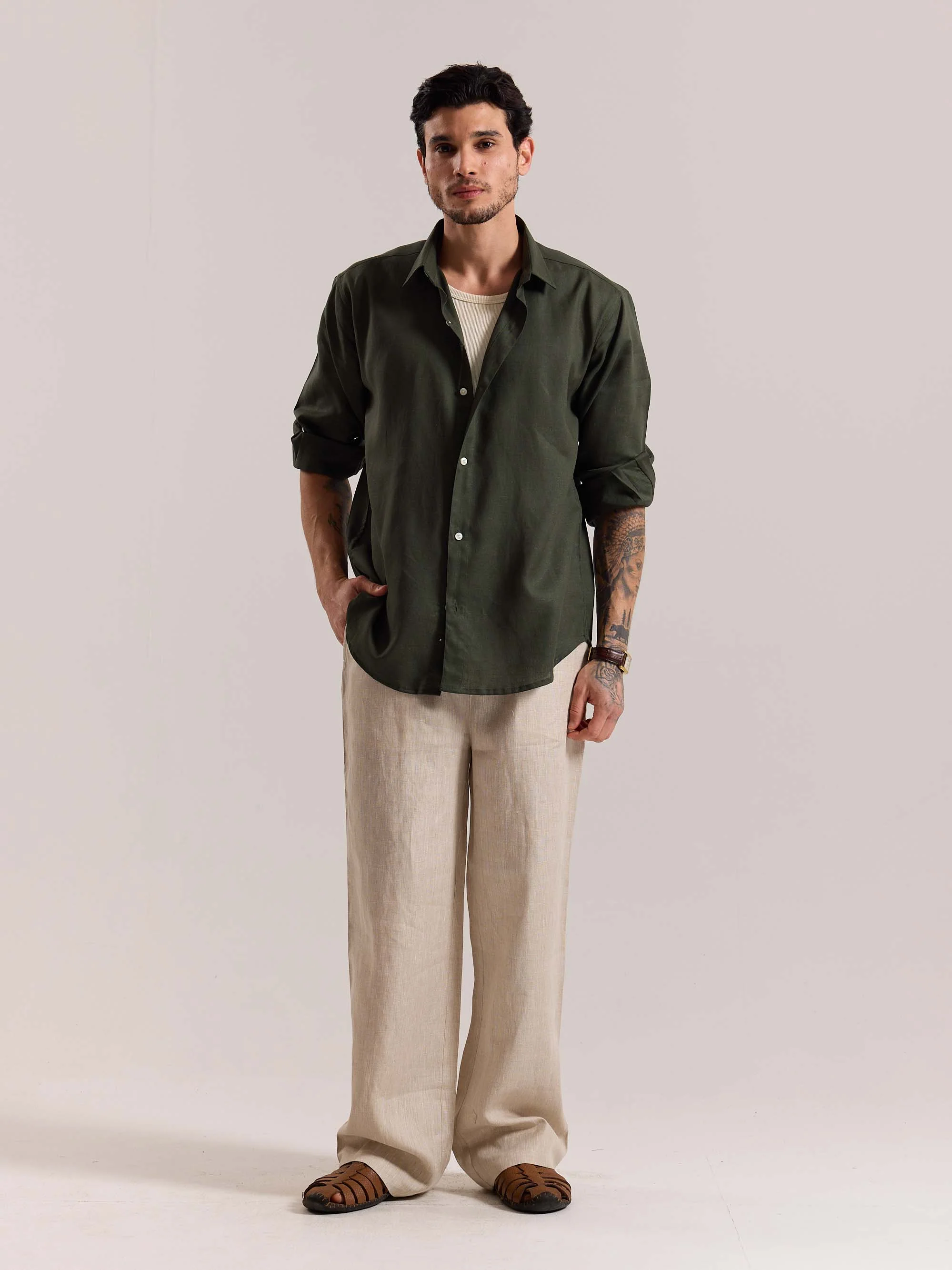 Dark Green Linen-blend Shirt (Pre-Order)