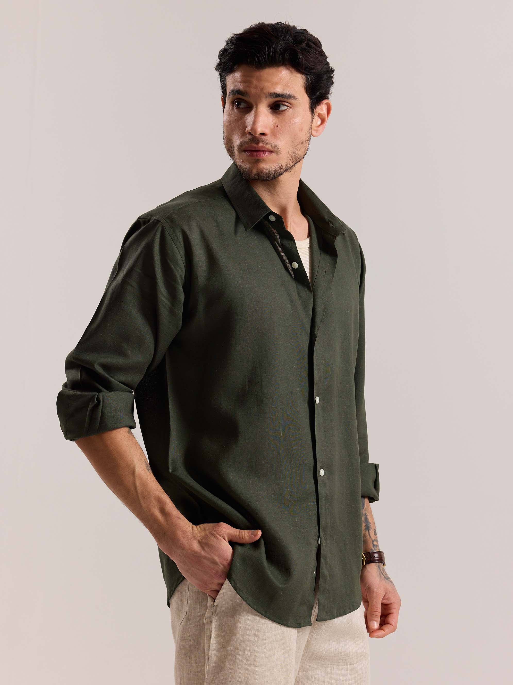 Dark Green Linen-blend Shirt (Pre-Order) - Image 5