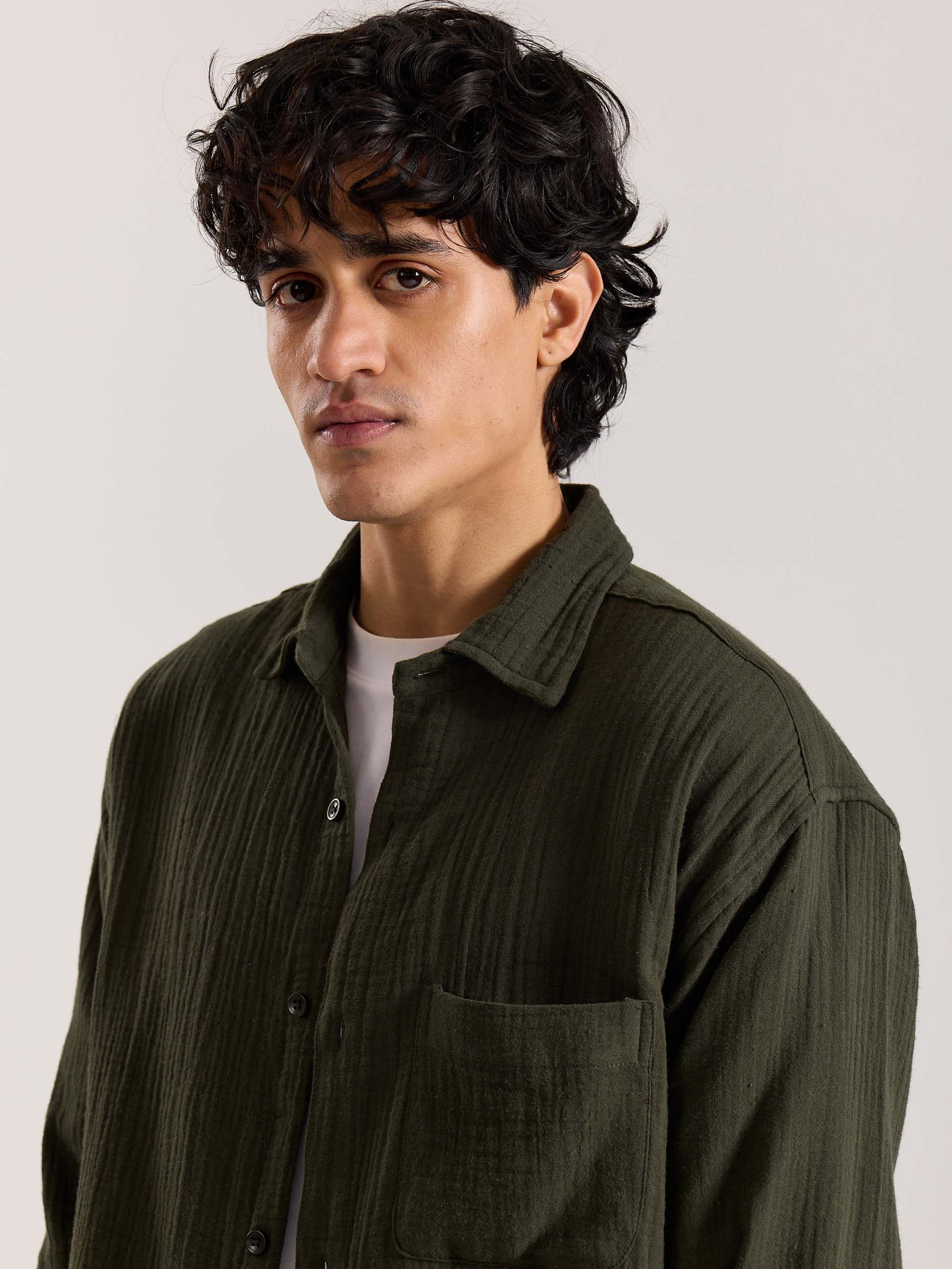 Dark Olive Gauze Holiday Shirt - Image 3